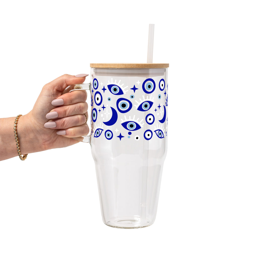 Evil Eye Glass Cup, Mug & Tumbler with Lid and Straw