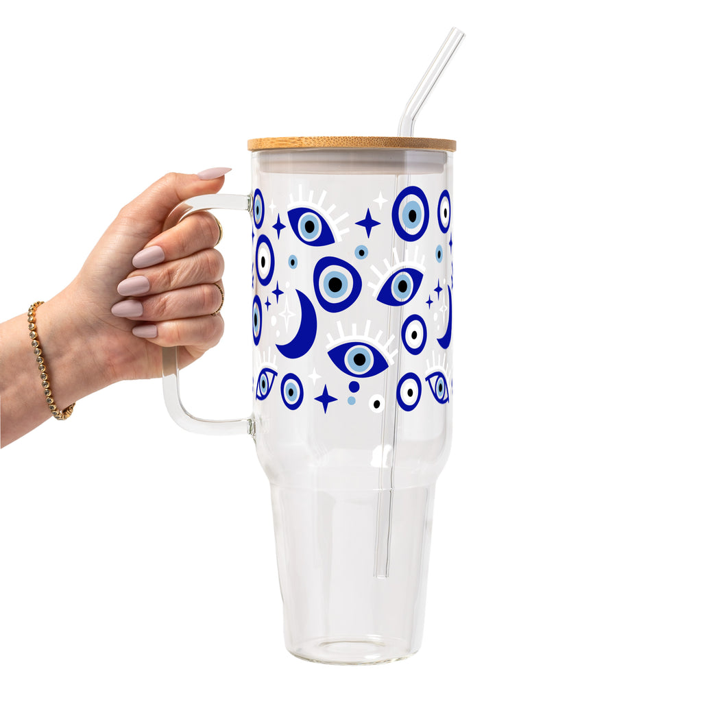 Evil Eye Glass Cup, Mug & Tumbler with Lid and Straw