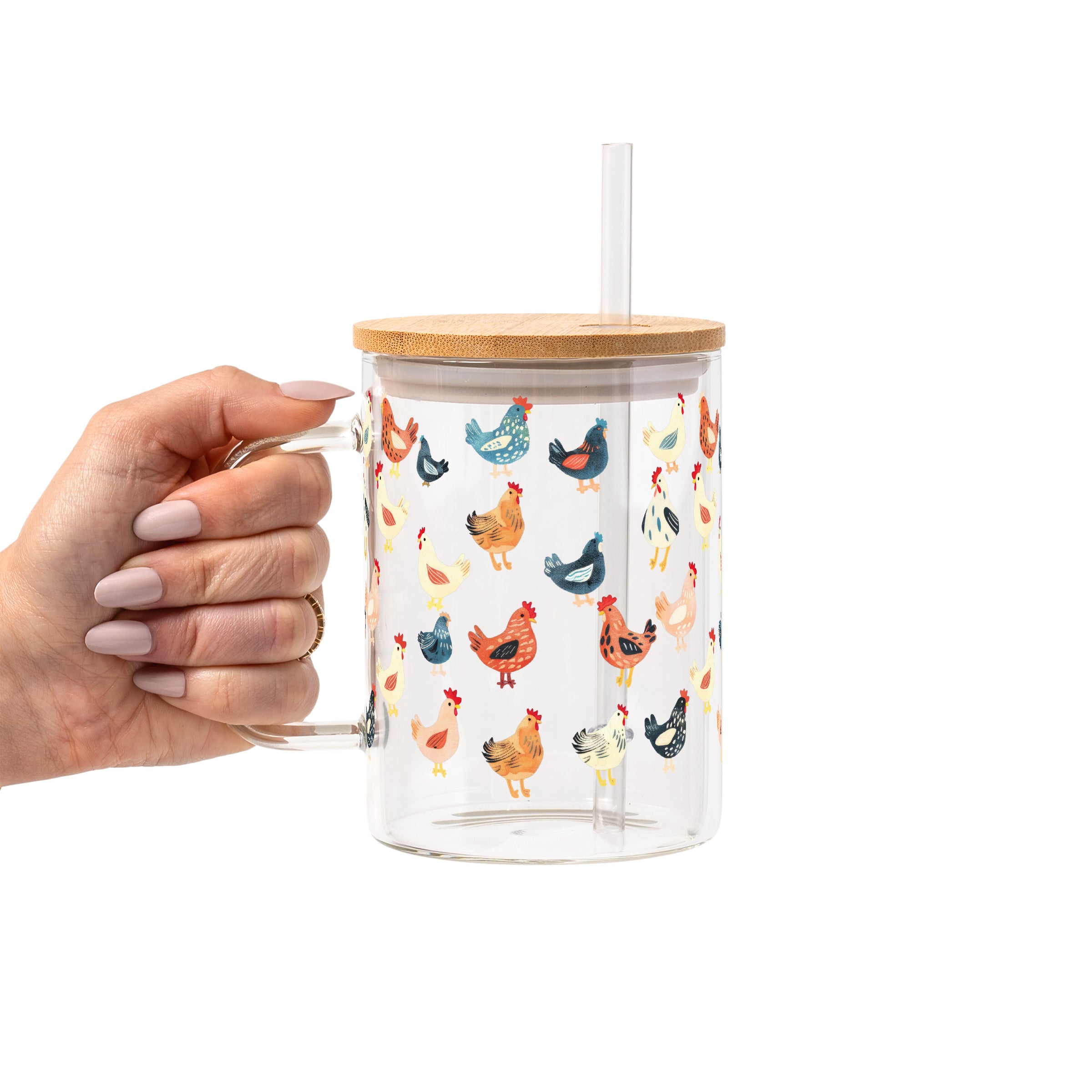 Chicken Mom Glass Cup, Mug & Tumbler with Lid and Straw