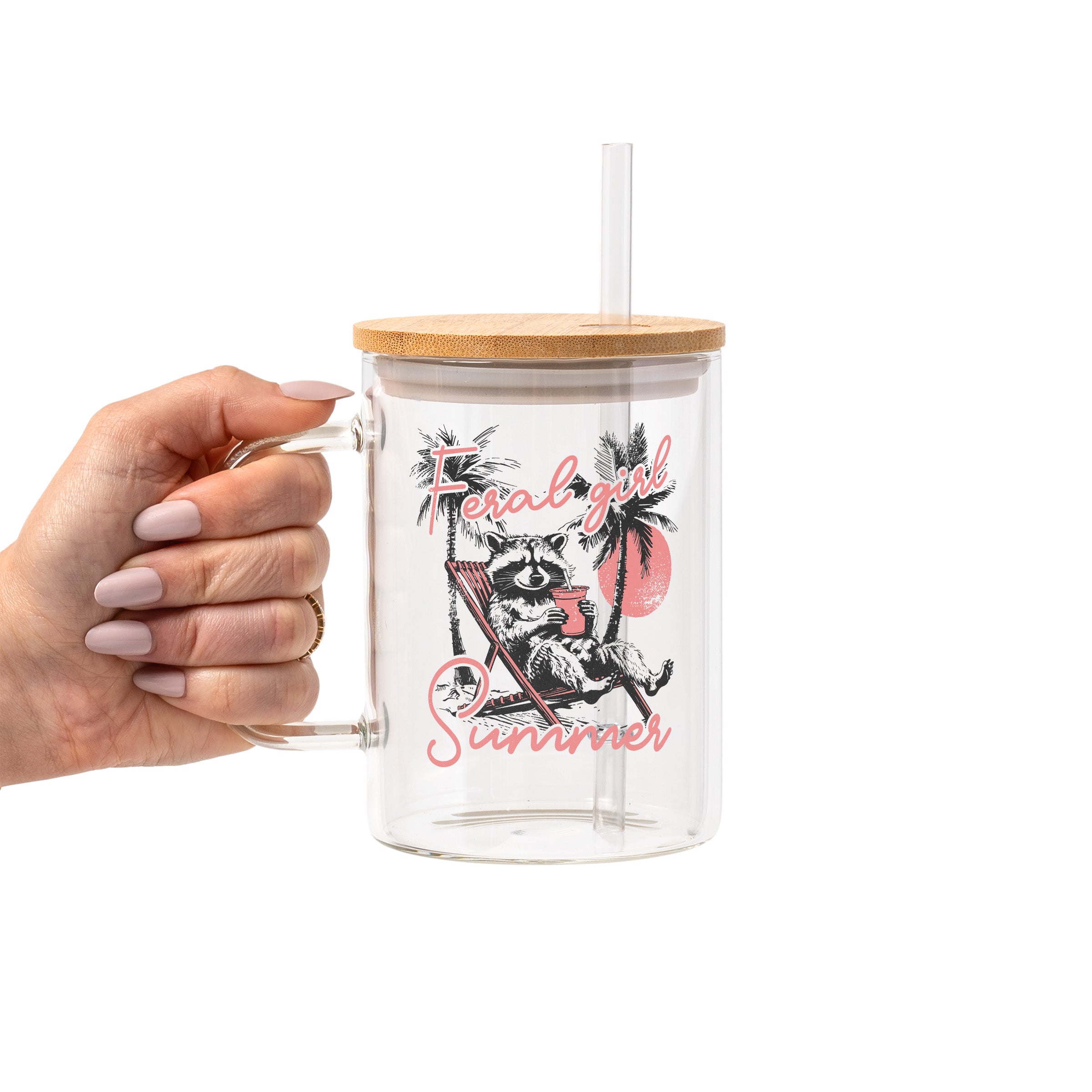 Feral Girl Summer Raccoon Glass Cup, Mug & Tumbler with Lid and Straw