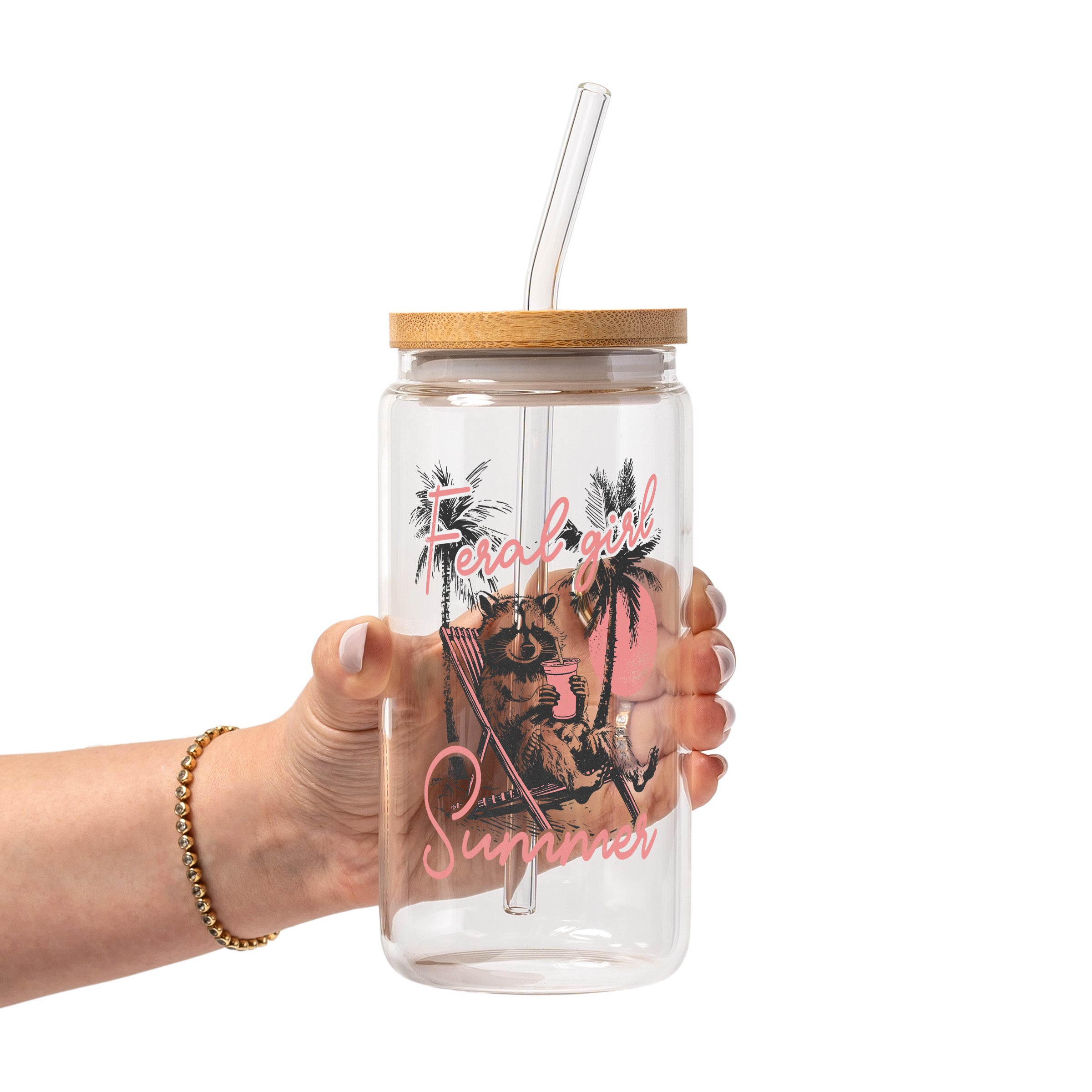 Feral Girl Summer Raccoon Glass Cup, Mug & Tumbler with Lid and Straw