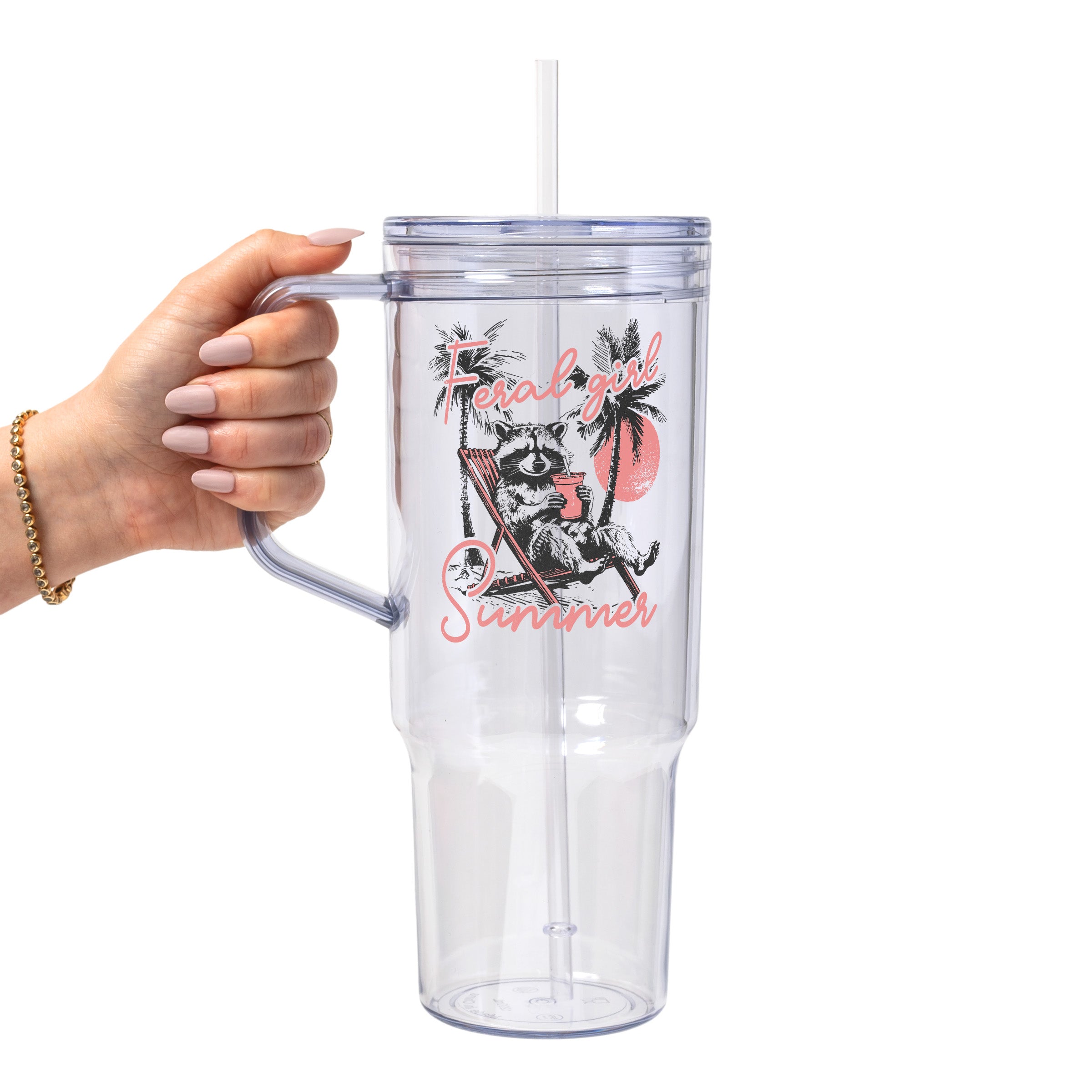 Feral Girl Summer Raccoon Glass Cup, Mug & Tumbler with Lid and Straw