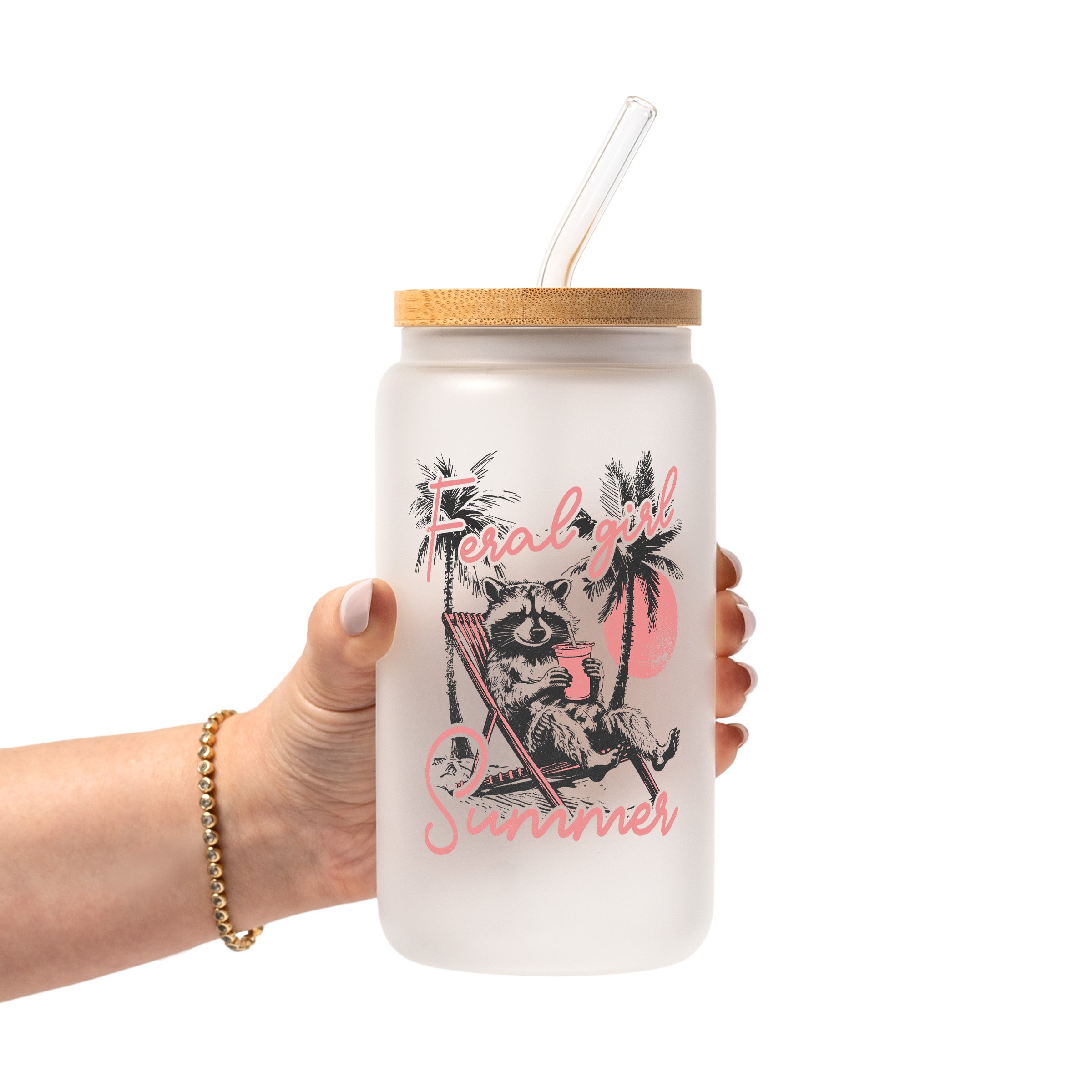 Feral Girl Summer Raccoon Glass Cup, Mug & Tumbler with Lid and Straw