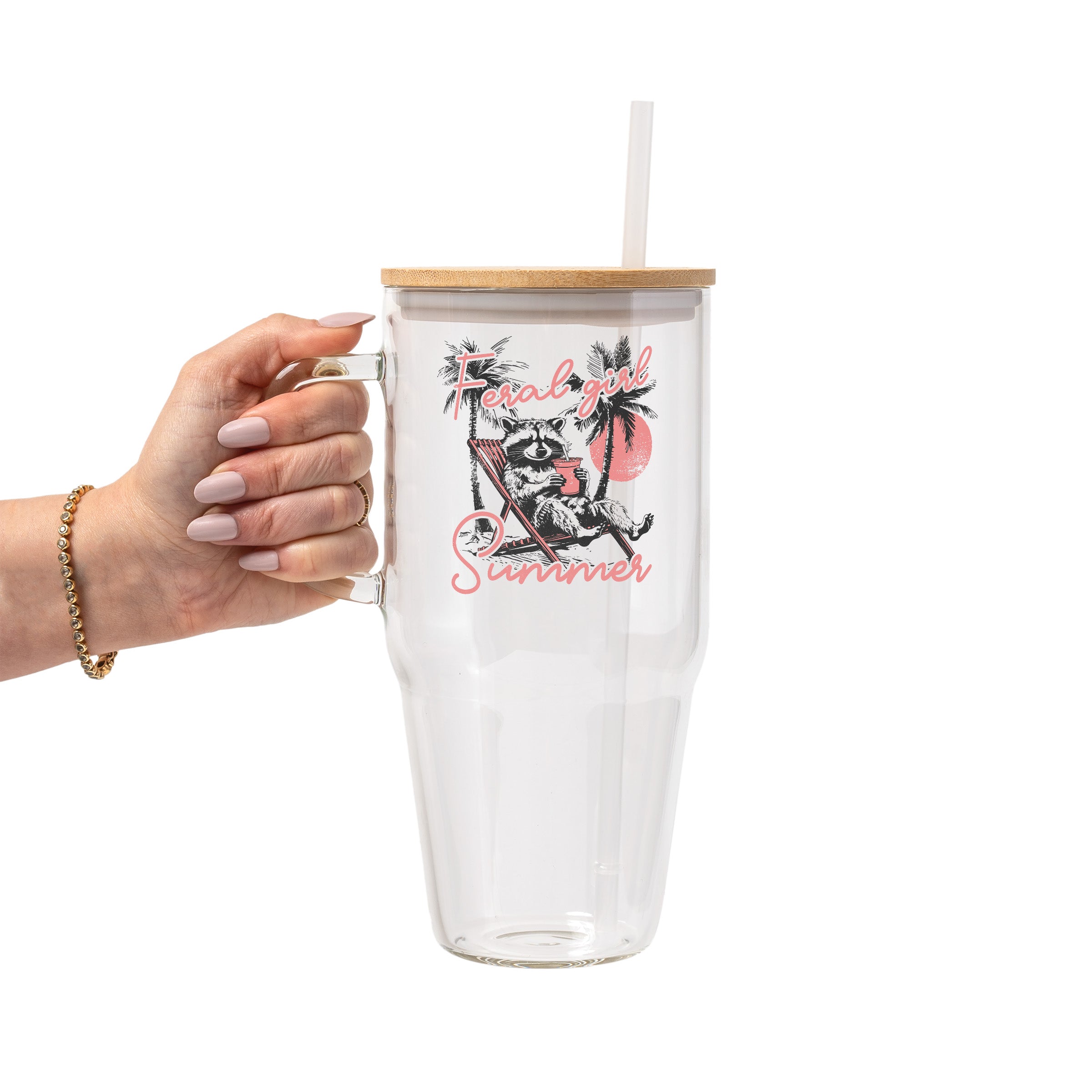 Feral Girl Summer Raccoon Glass Cup, Mug & Tumbler with Lid and Straw