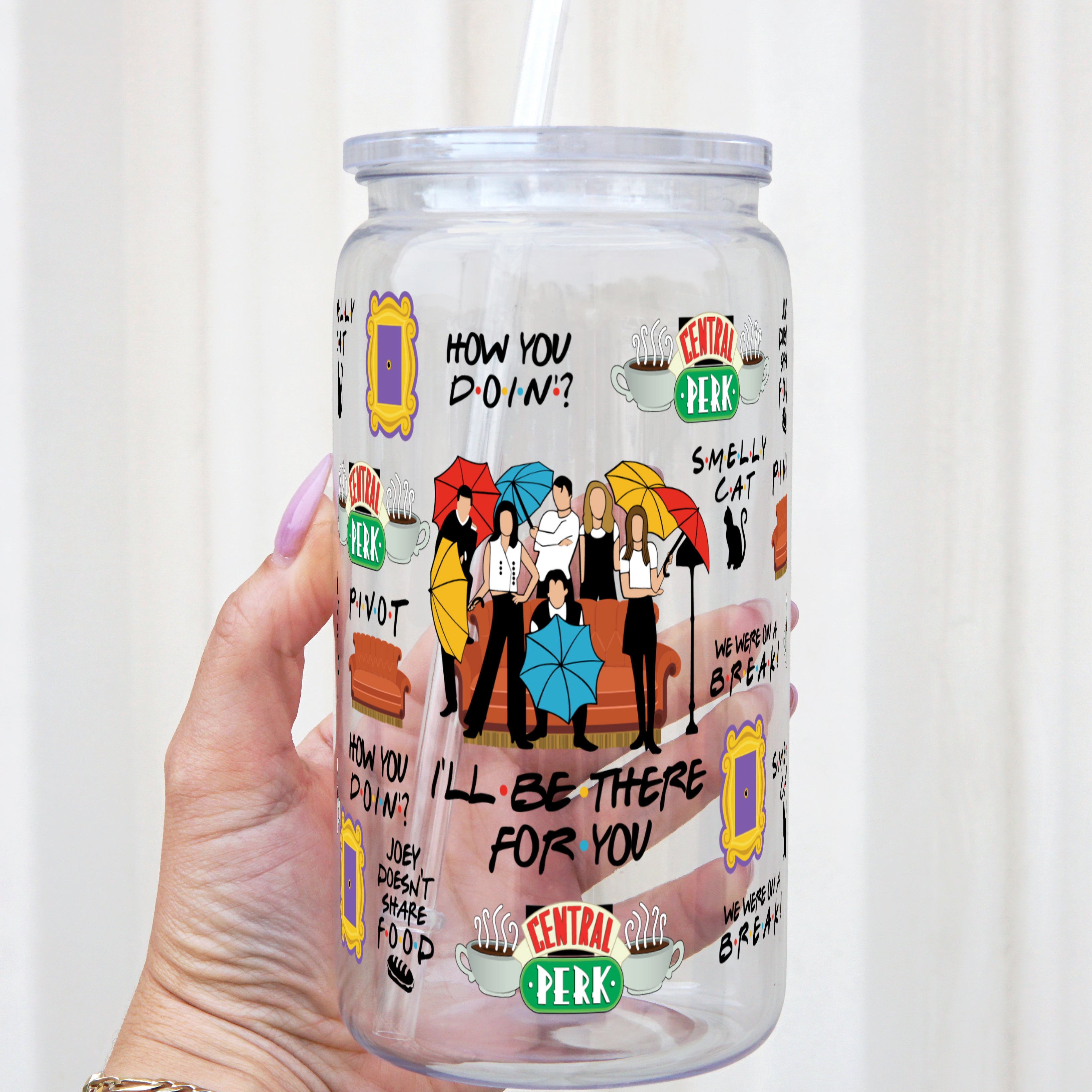 Friends Themed Glass Can Cup with Lid and Straw