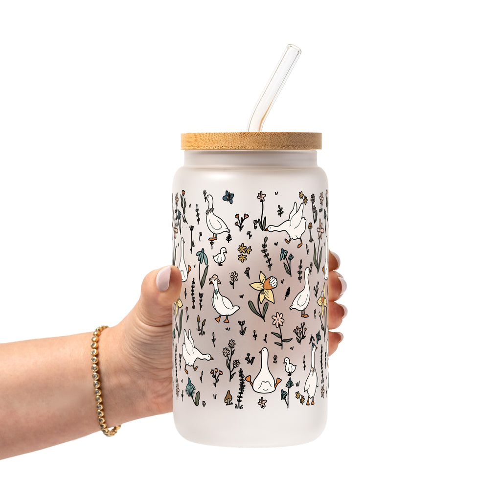 Cottage Garden Geese Glass Cup, Mug & Tumbler with Lid and Straw