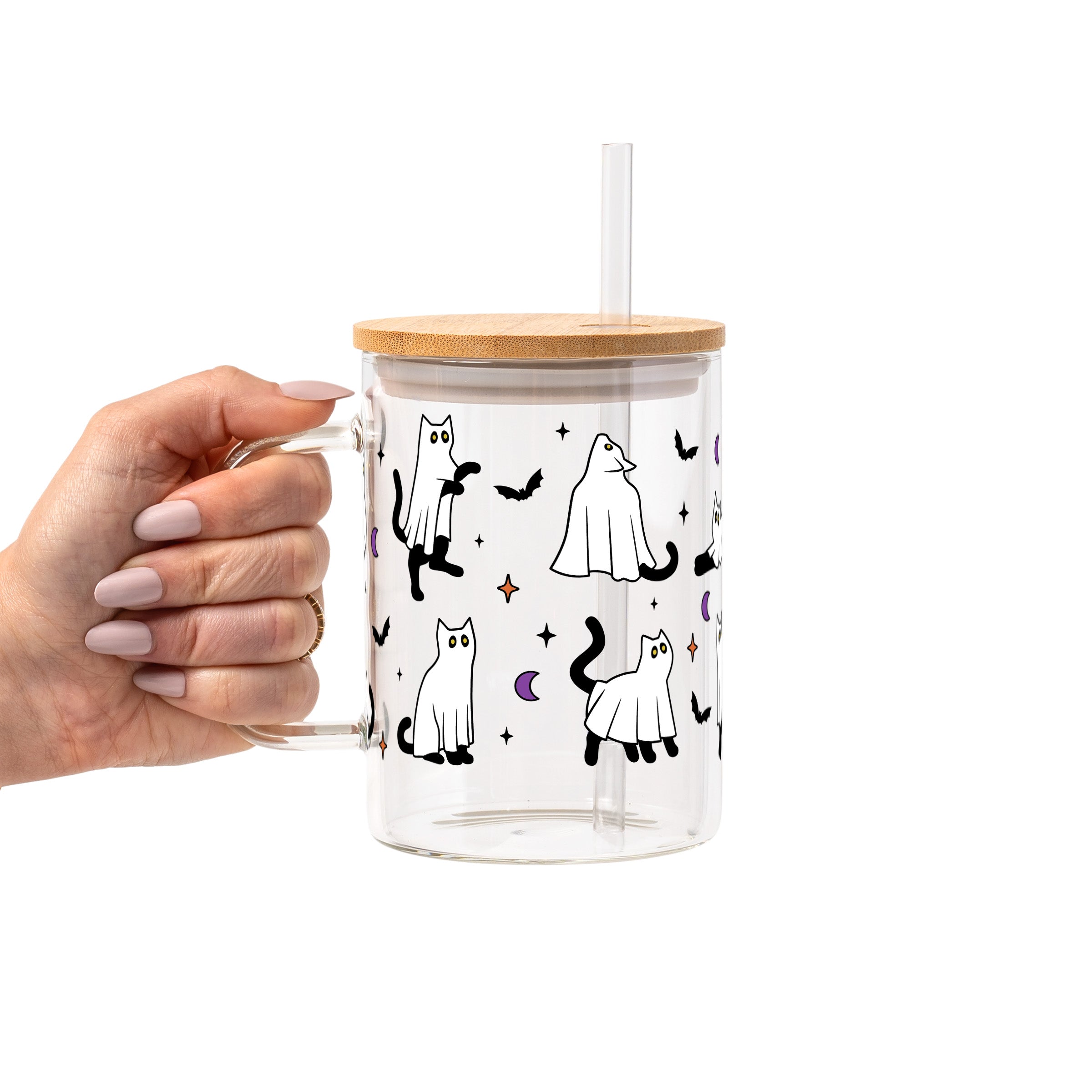 Ghost Cat Glass Cup, Mug & Tumbler with Lid and Straw