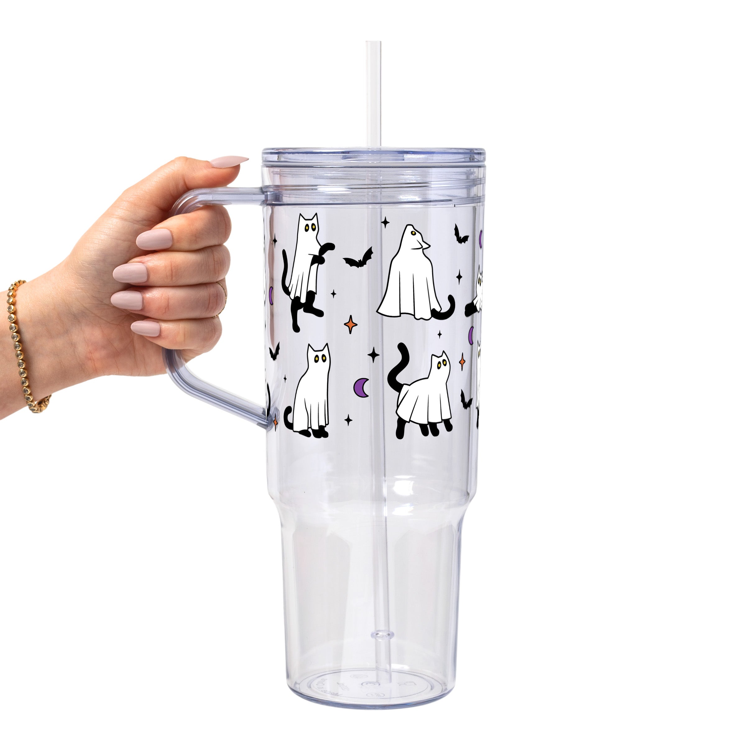 Ghost Cat Glass Cup, Mug & Tumbler with Lid and Straw