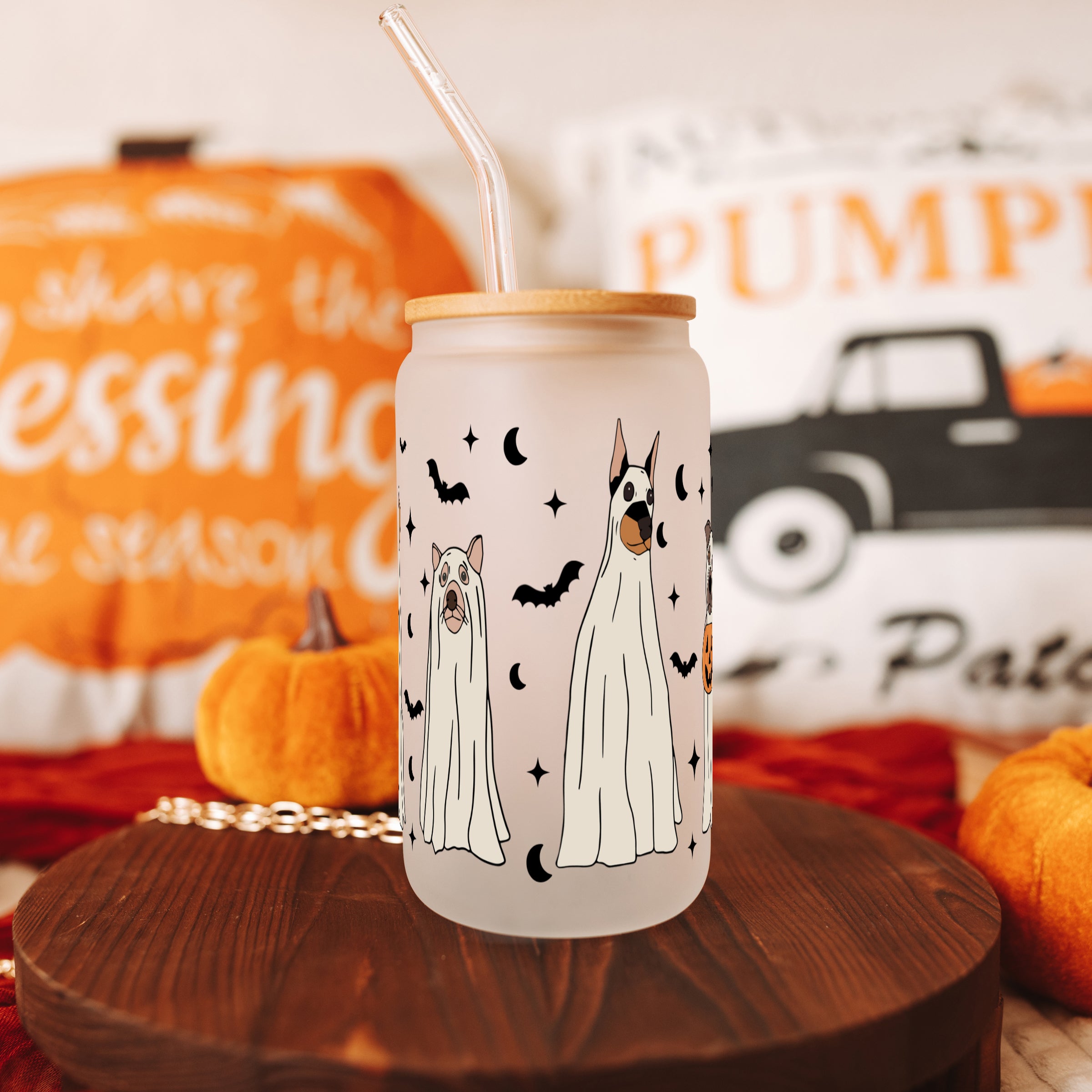 Ghost Dog Halloween Glass Can Cup With Lid and Straw