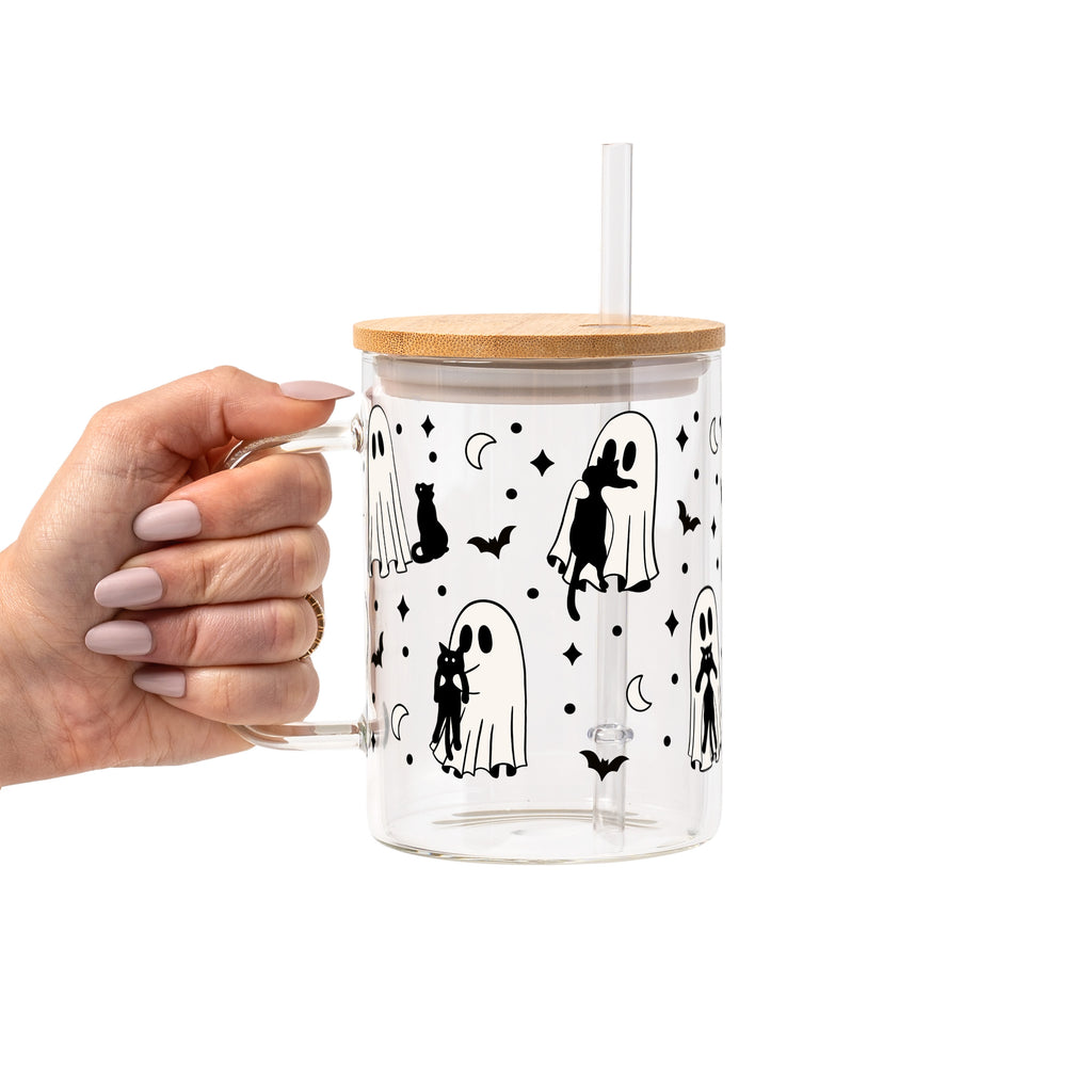 Ghost Holding Cats Glass Cup, Mug & Tumbler with Lid and Straw