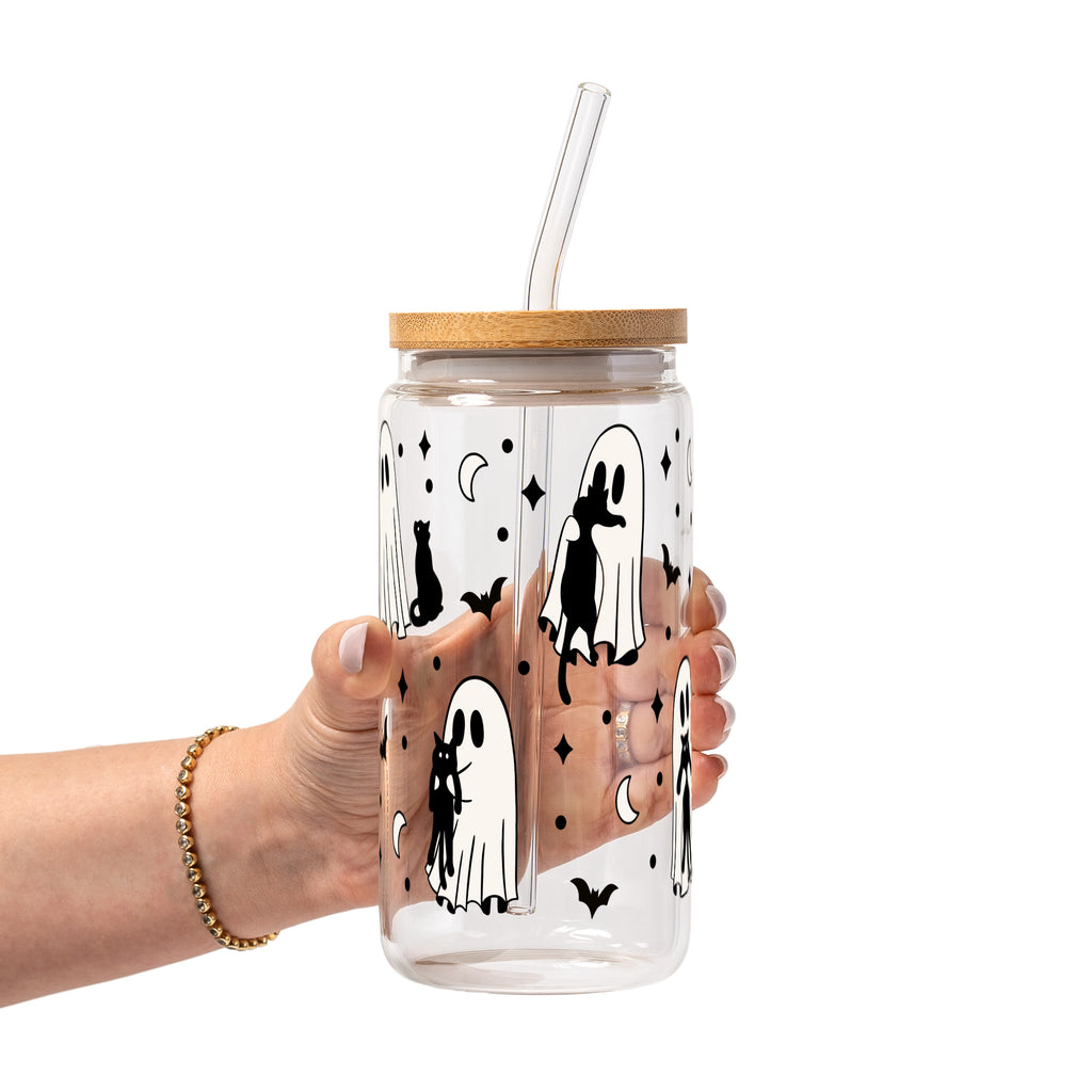 Ghost Holding Cats Glass Cup, Mug & Tumbler with Lid and Straw