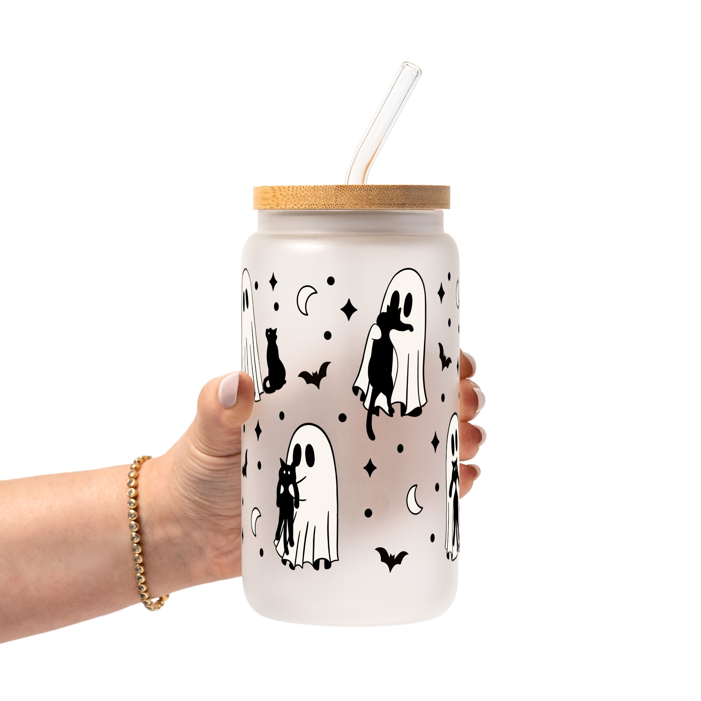 Ghost Holding Cats Glass Cup, Mug & Tumbler with Lid and Straw