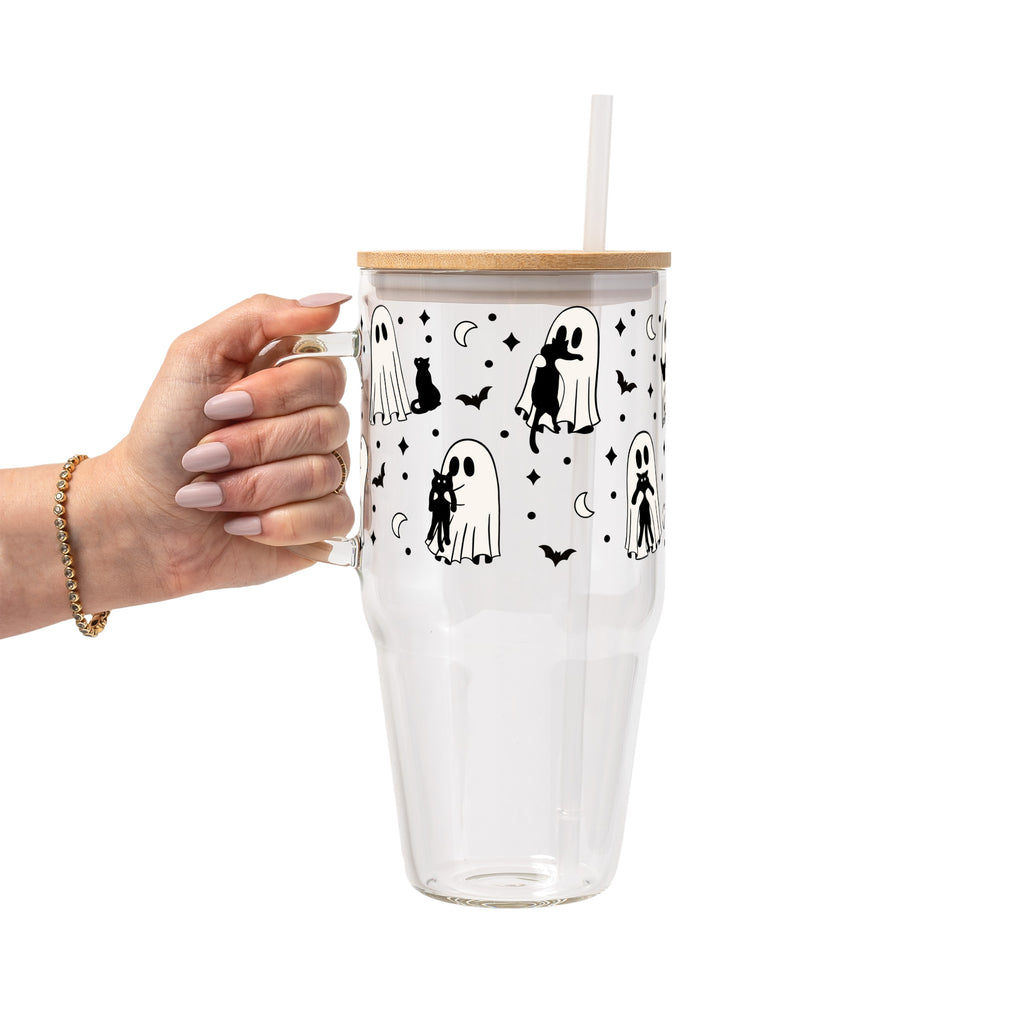 Ghost Holding Cats Glass Cup, Mug & Tumbler with Lid and Straw