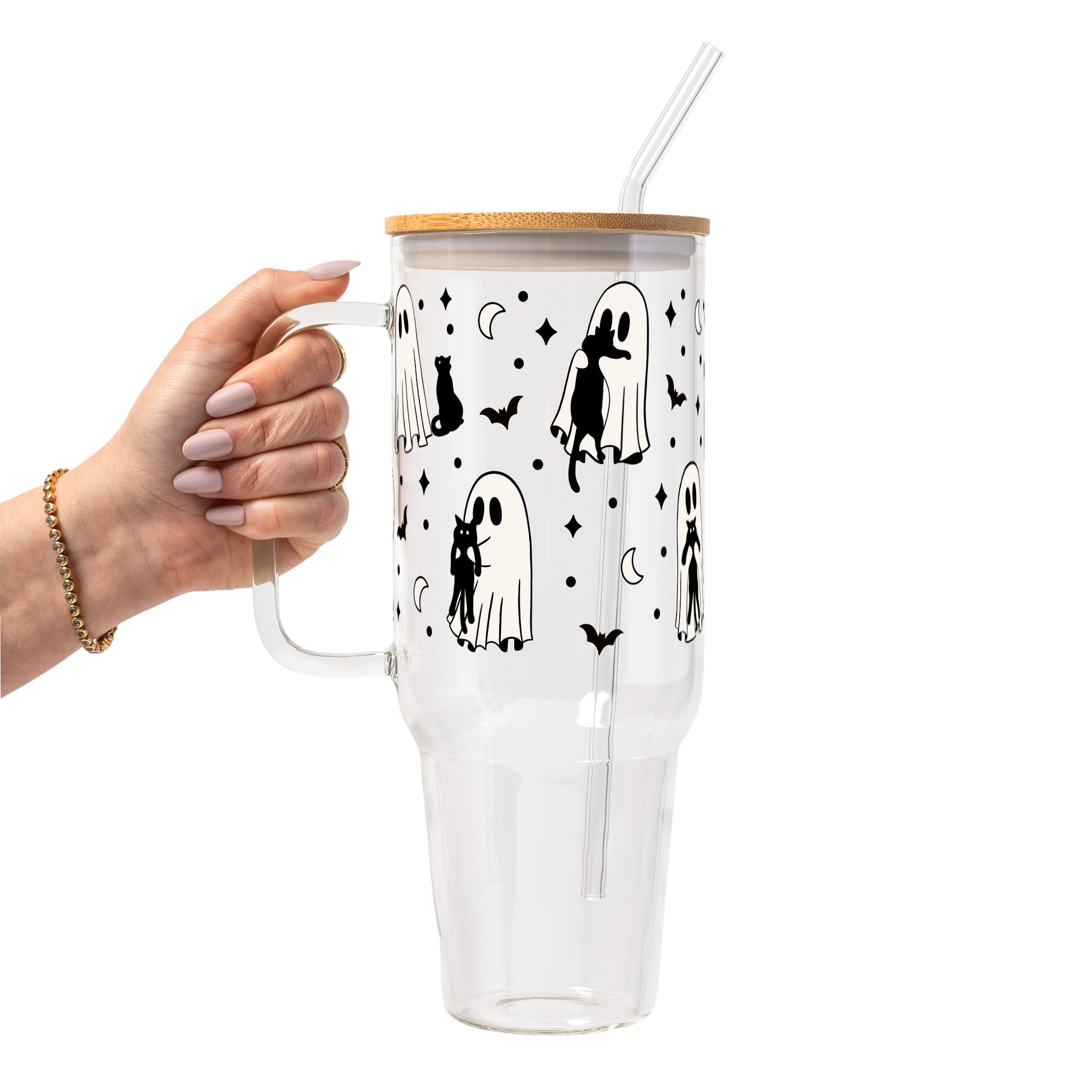 Ghost Holding Cats Glass Cup, Mug & Tumbler with Lid and Straw