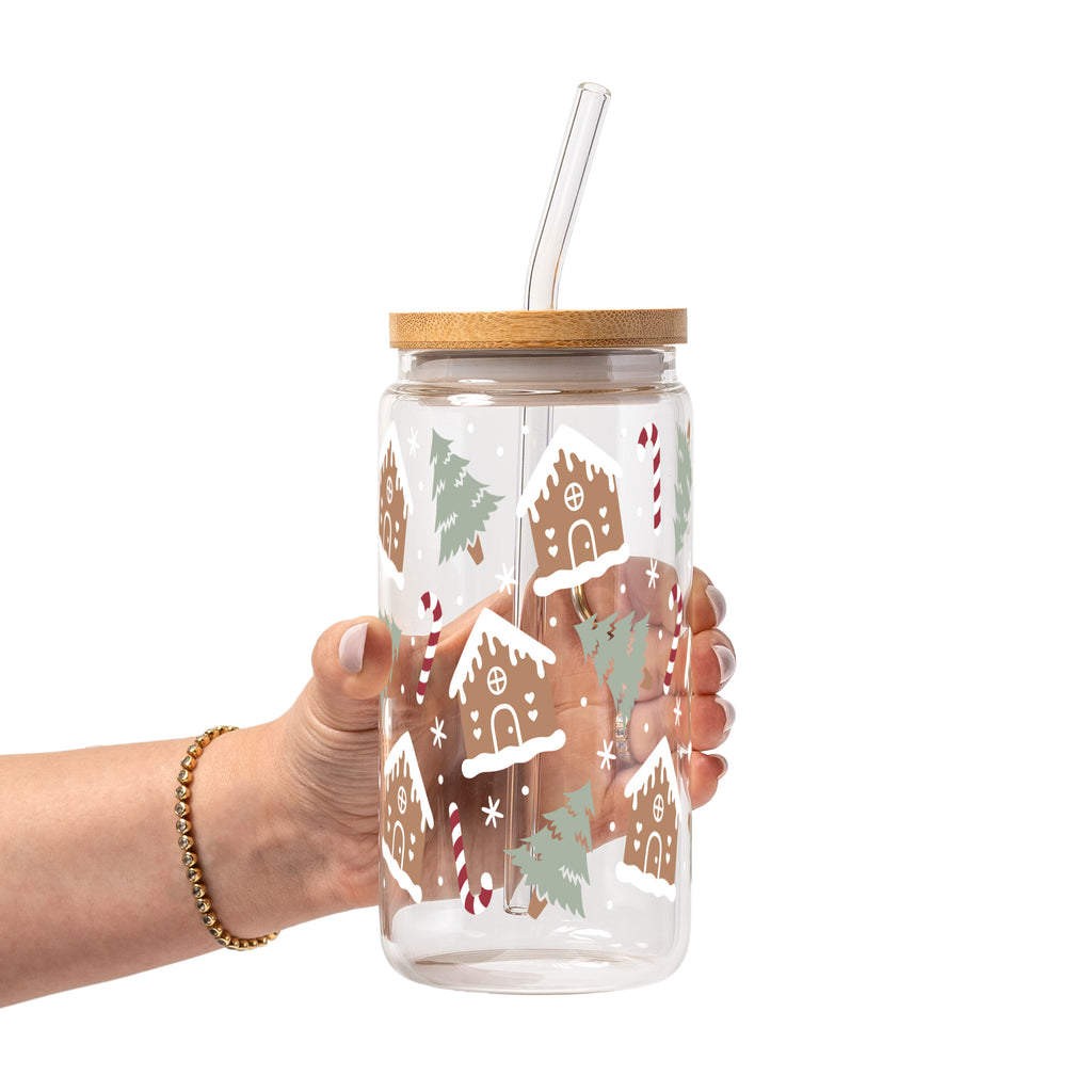 Gingerbread House Christmas Glass Cup, Mug & Tumbler with Lid and Straw