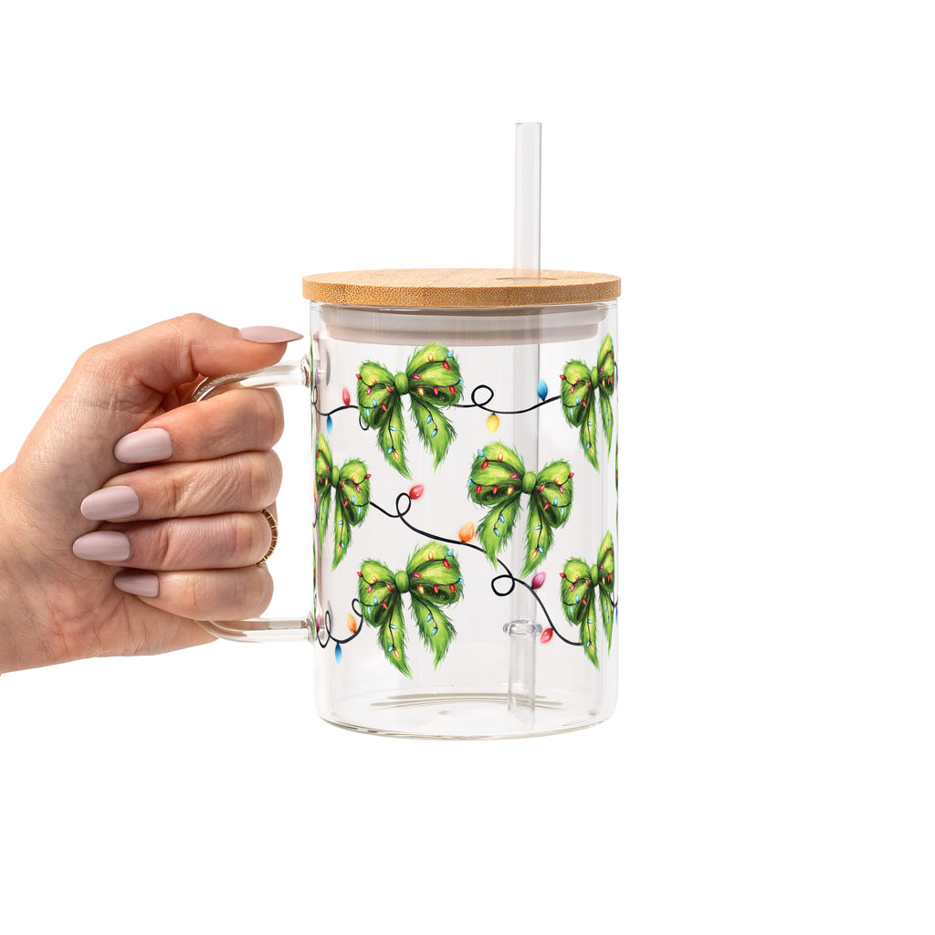 Christmas Green Fur Bows Glass Cup, Mug & Tumbler with Lid and Straw