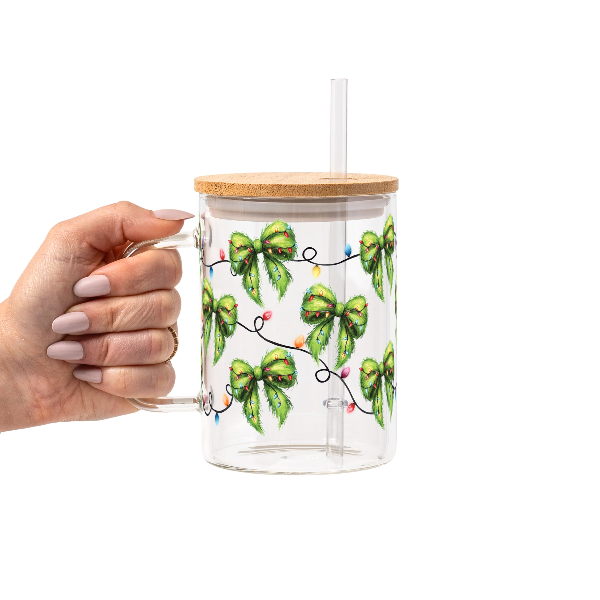 Christmas Green Fur Bows Glass Cup, Mug & Tumbler with Lid and Straw
