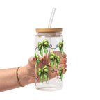 Christmas Green Fur Bows Glass Cup, Mug & Tumbler with Lid and Straw