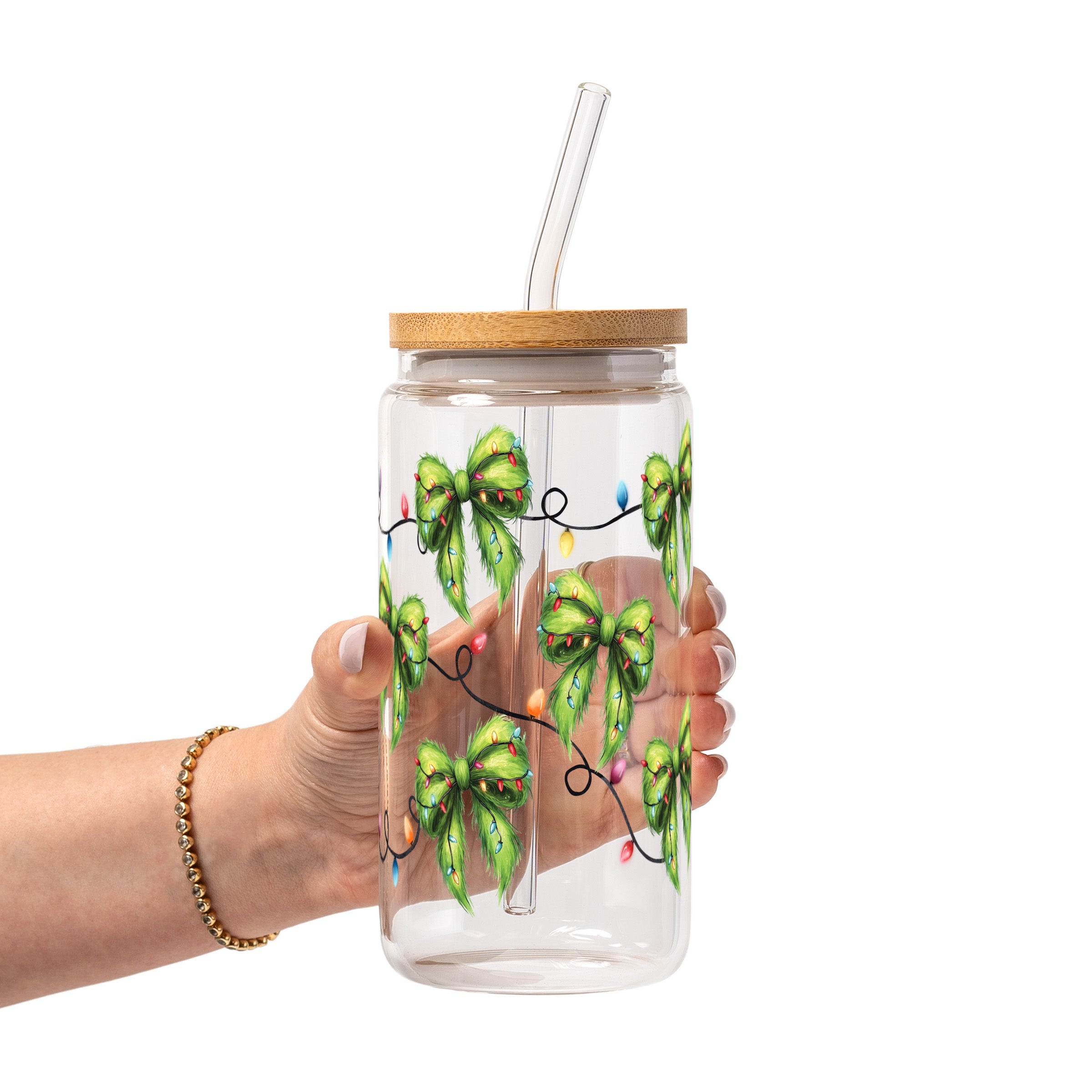 Christmas Green Fur Bows Glass Cup, Mug & Tumbler with Lid and Straw