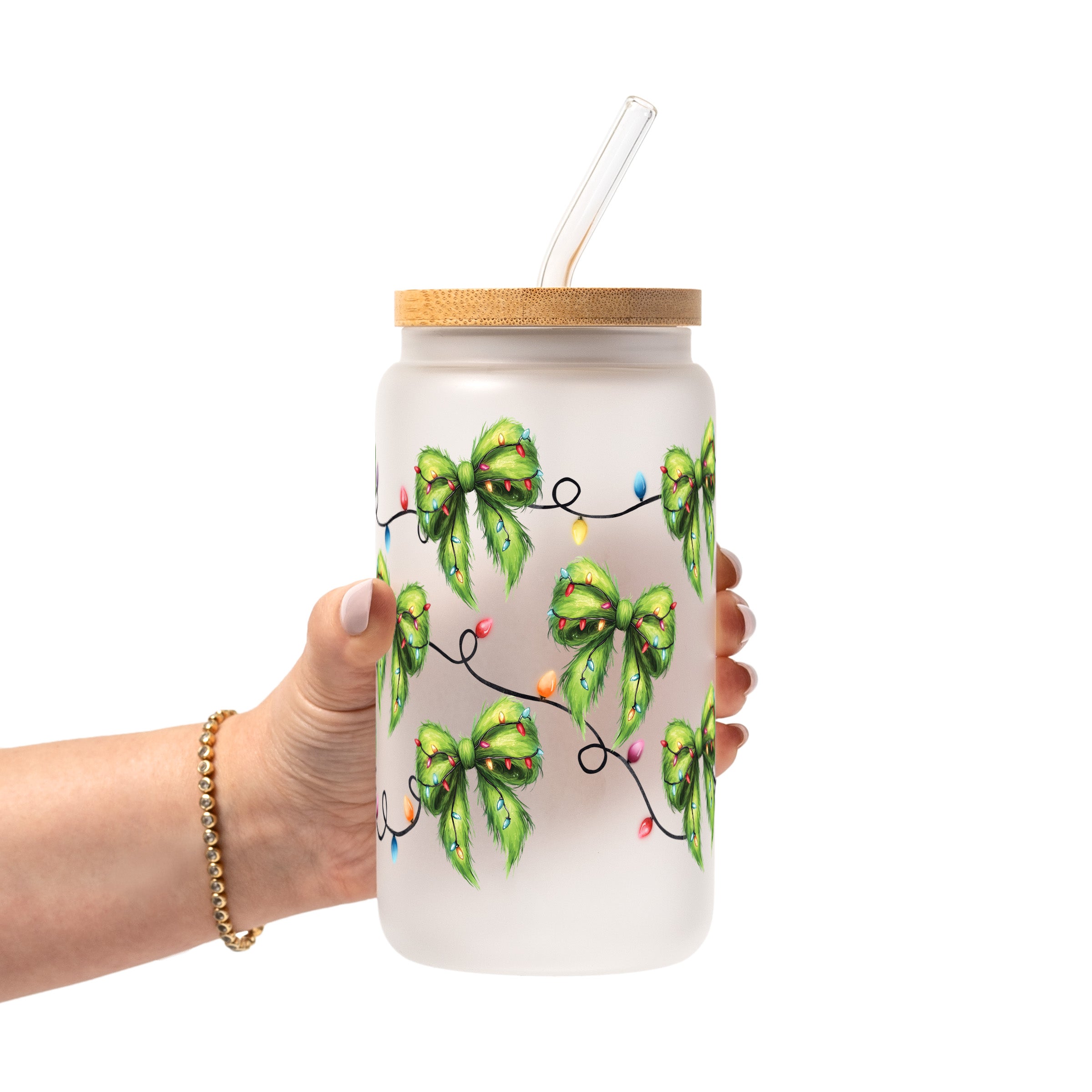 Christmas Green Fur Bows Glass Cup, Mug & Tumbler with Lid and Straw