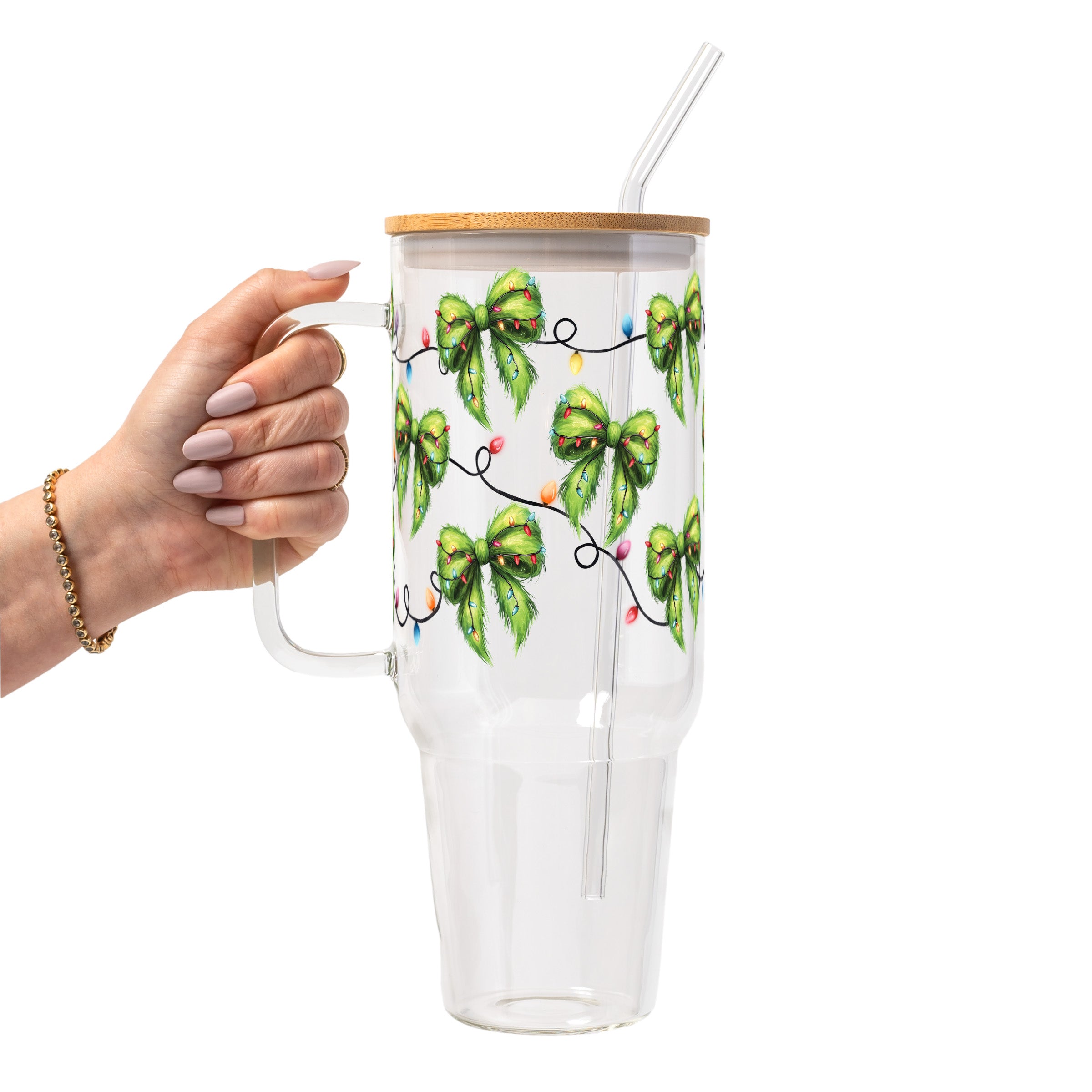 Christmas Green Fur Bows Glass Cup, Mug & Tumbler with Lid and Straw