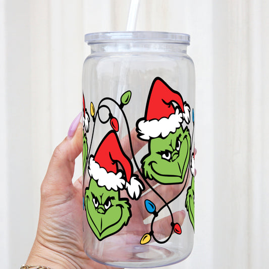 Grinch Inspired Christmas Lights 16oz Acrylic Plastic Cup with Clear Lid