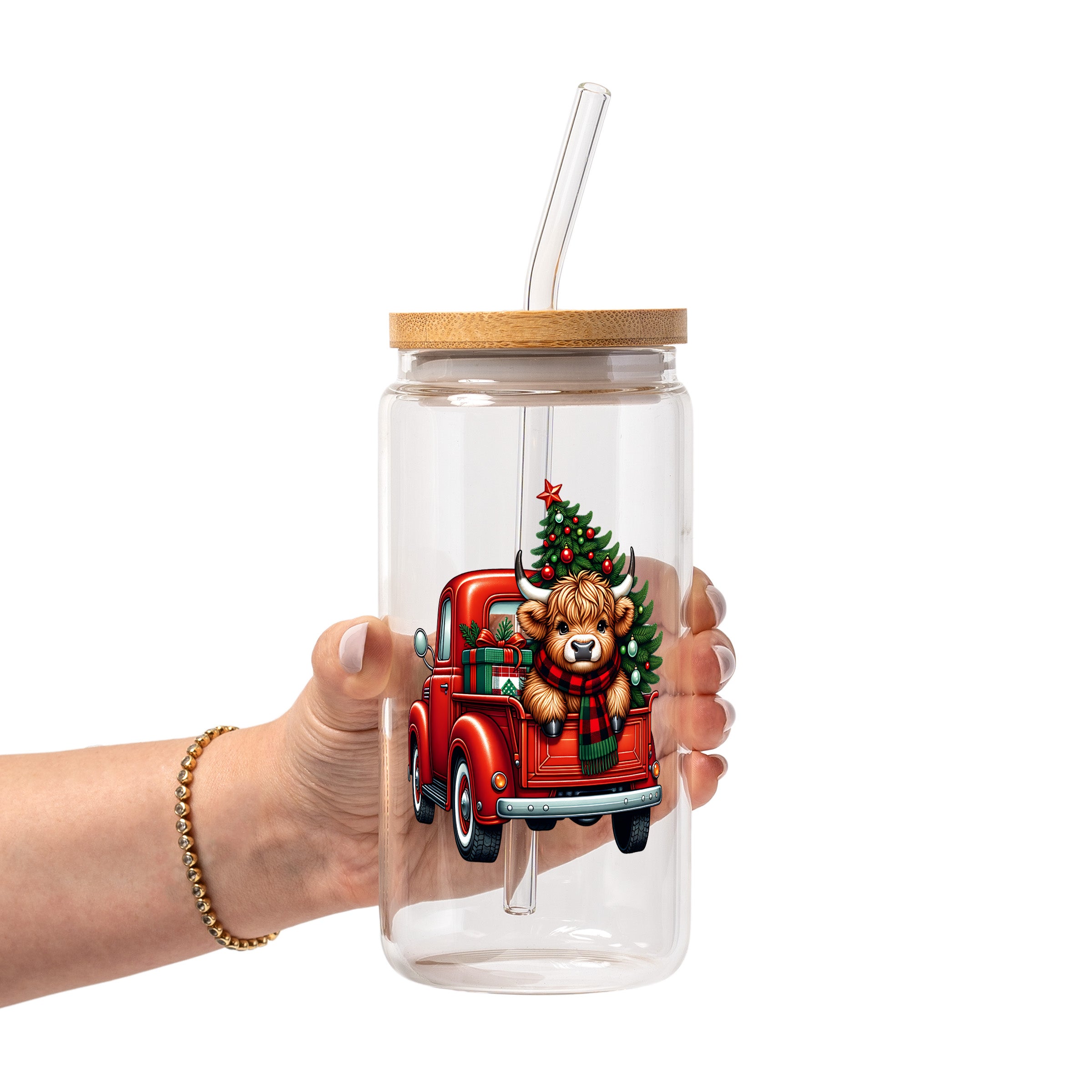 Highland Cow Christmas Truck Glass Cup, Mug & Tumbler with Lid and Straw