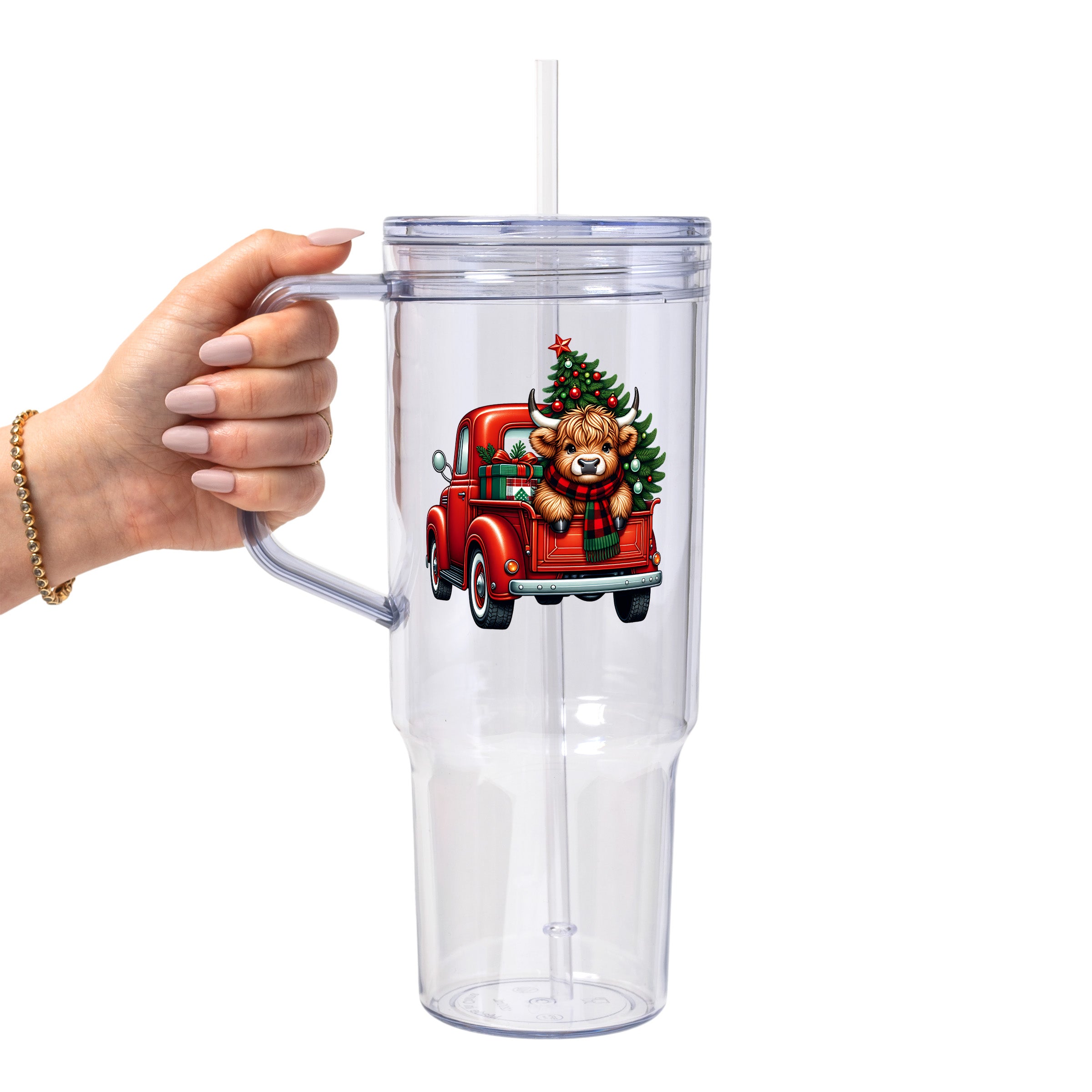 Highland Cow Christmas Truck Glass Cup, Mug & Tumbler with Lid and Straw