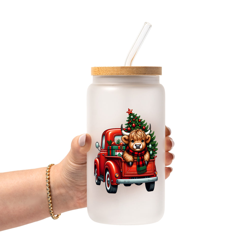 Highland Cow Christmas Truck Glass Cup, Mug & Tumbler with Lid and Straw