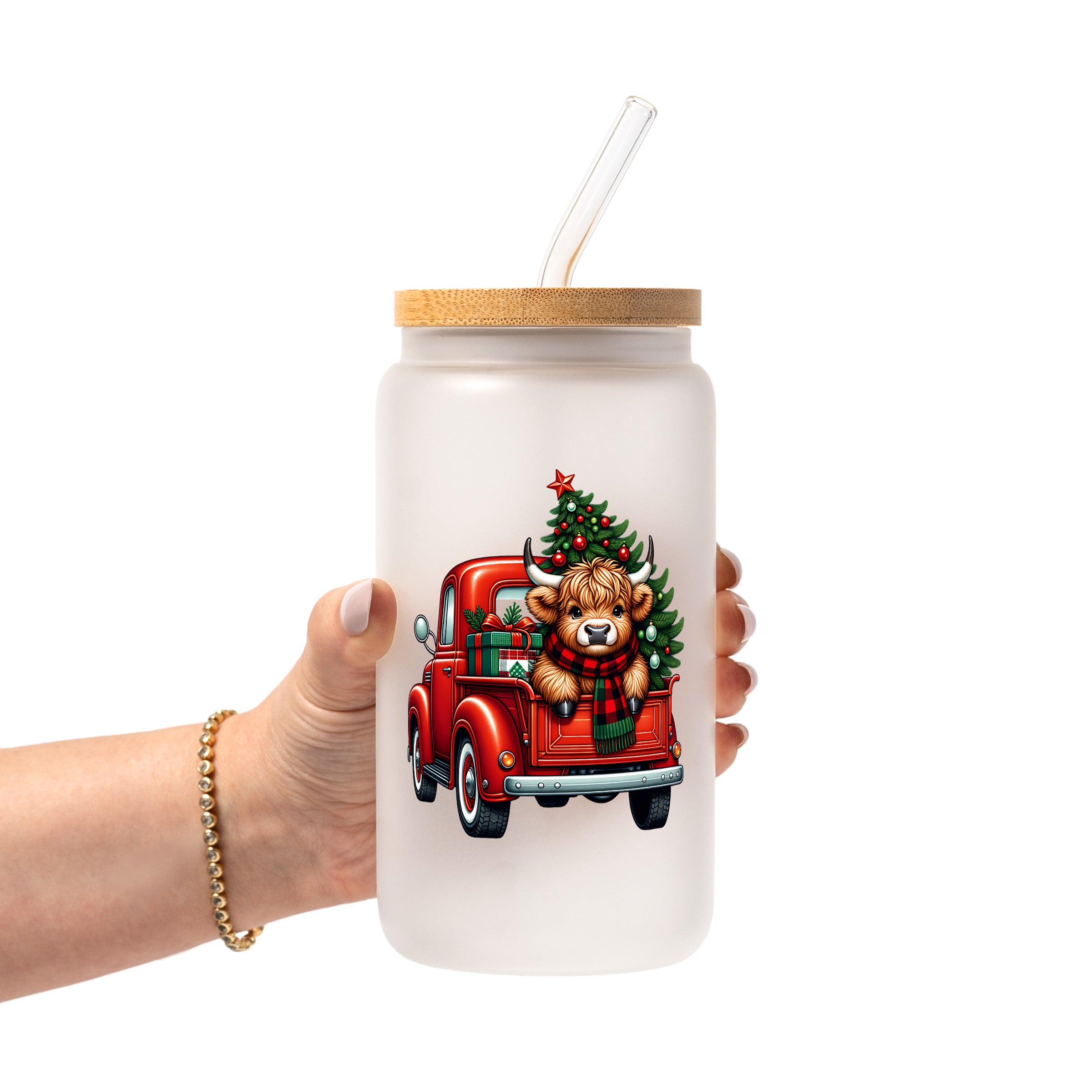 Highland Cow Christmas Truck Glass Cup, Mug & Tumbler with Lid and Straw
