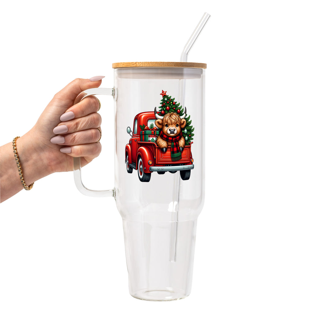 Highland Cow Christmas Truck Glass Cup, Mug & Tumbler with Lid and Straw