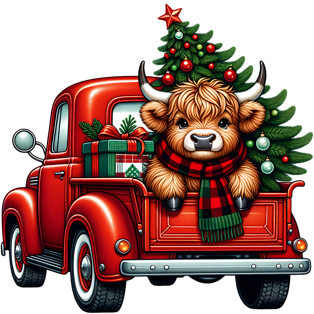 Highland Cow Christmas Truck Glass Cup, Mug & Tumbler with Lid and Straw