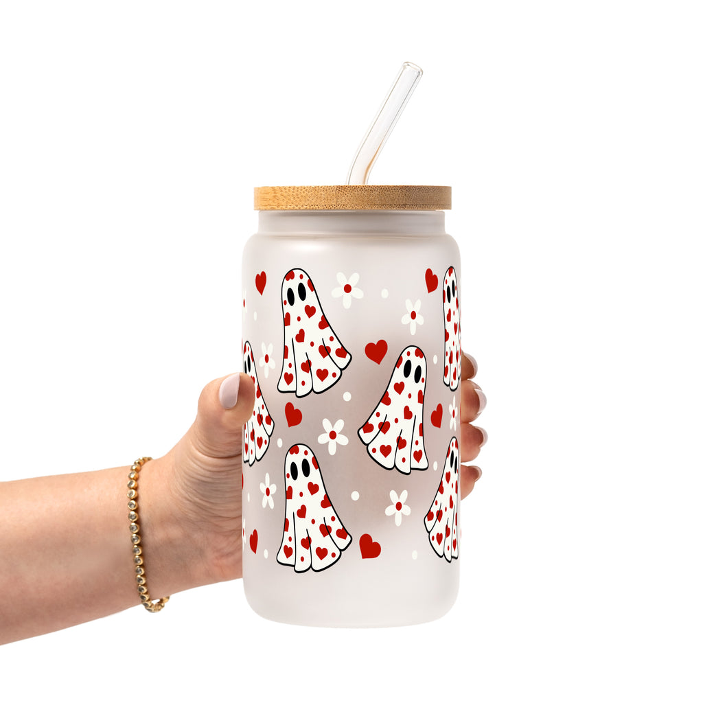 Pink Hearts Valentine Glass Cup, Mug & Tumbler with Lid and Straw