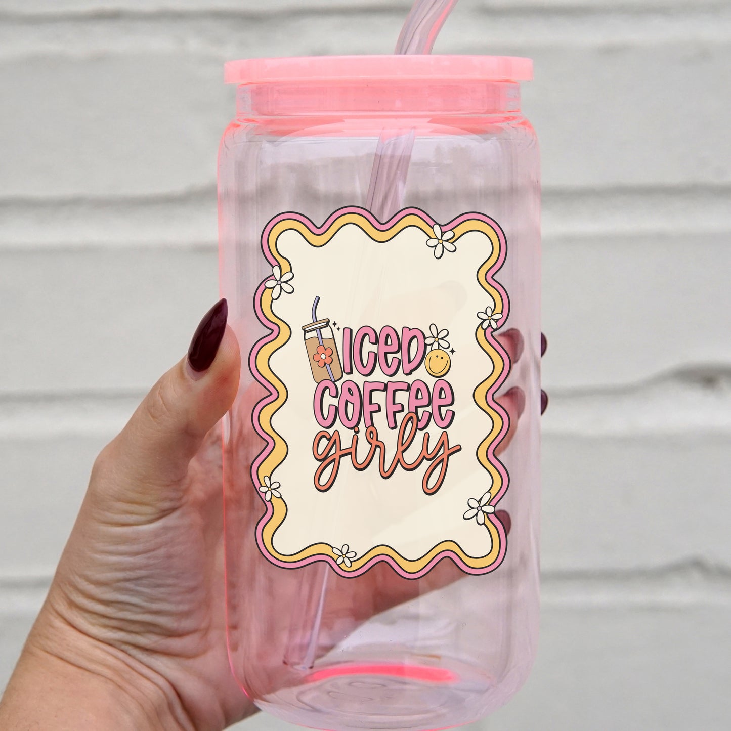 Iced Coffee Girly 16oz Glass Can Cup With Lid and Straw