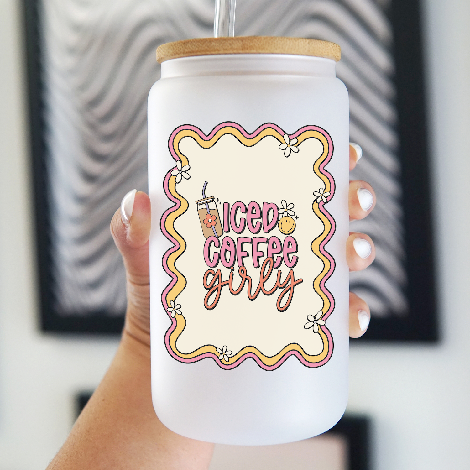 Iced Coffee Girly Glass Can Cup With Lid and Straw