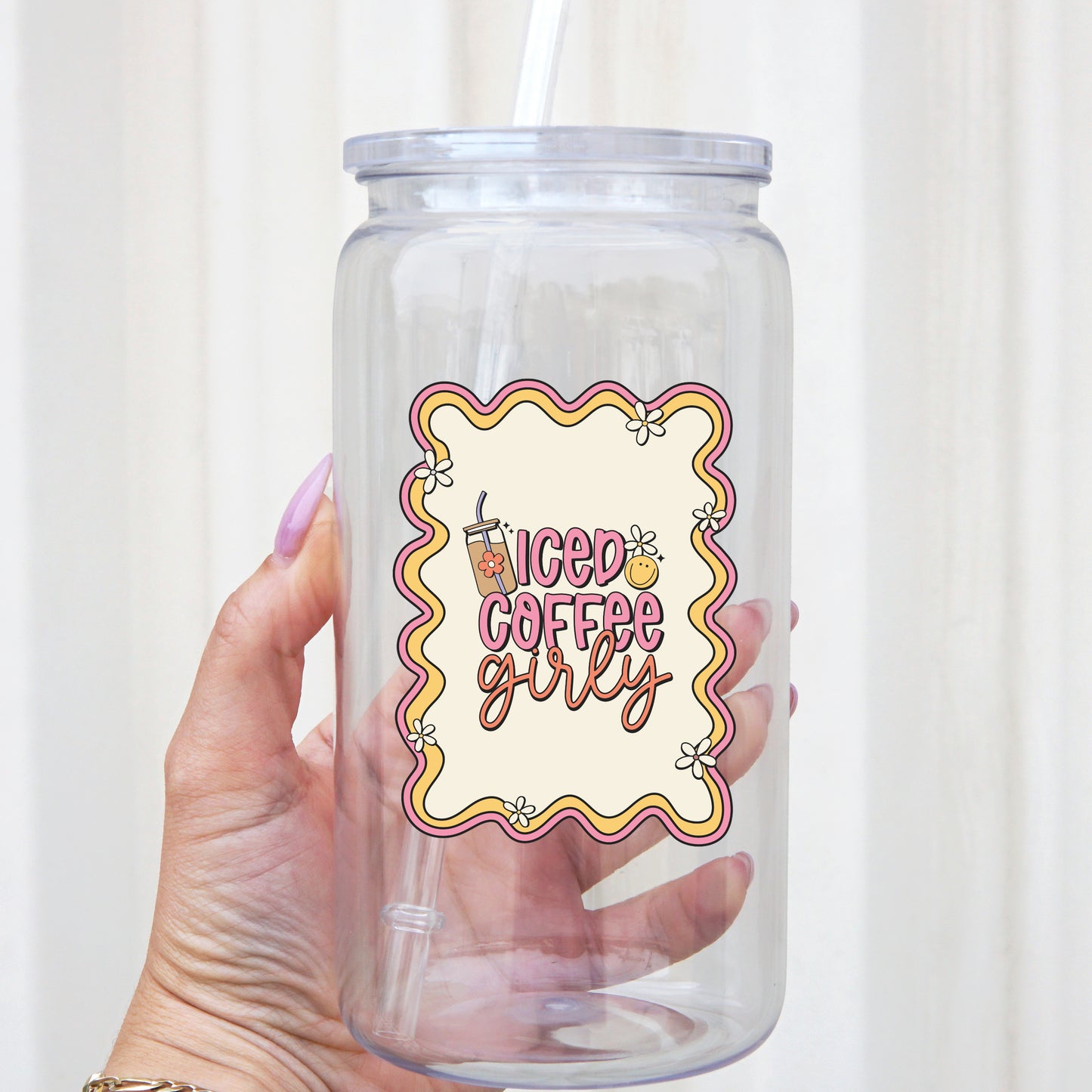 Iced Coffee Girly 16oz Acrylic Plastic Cup with Clear Lid
