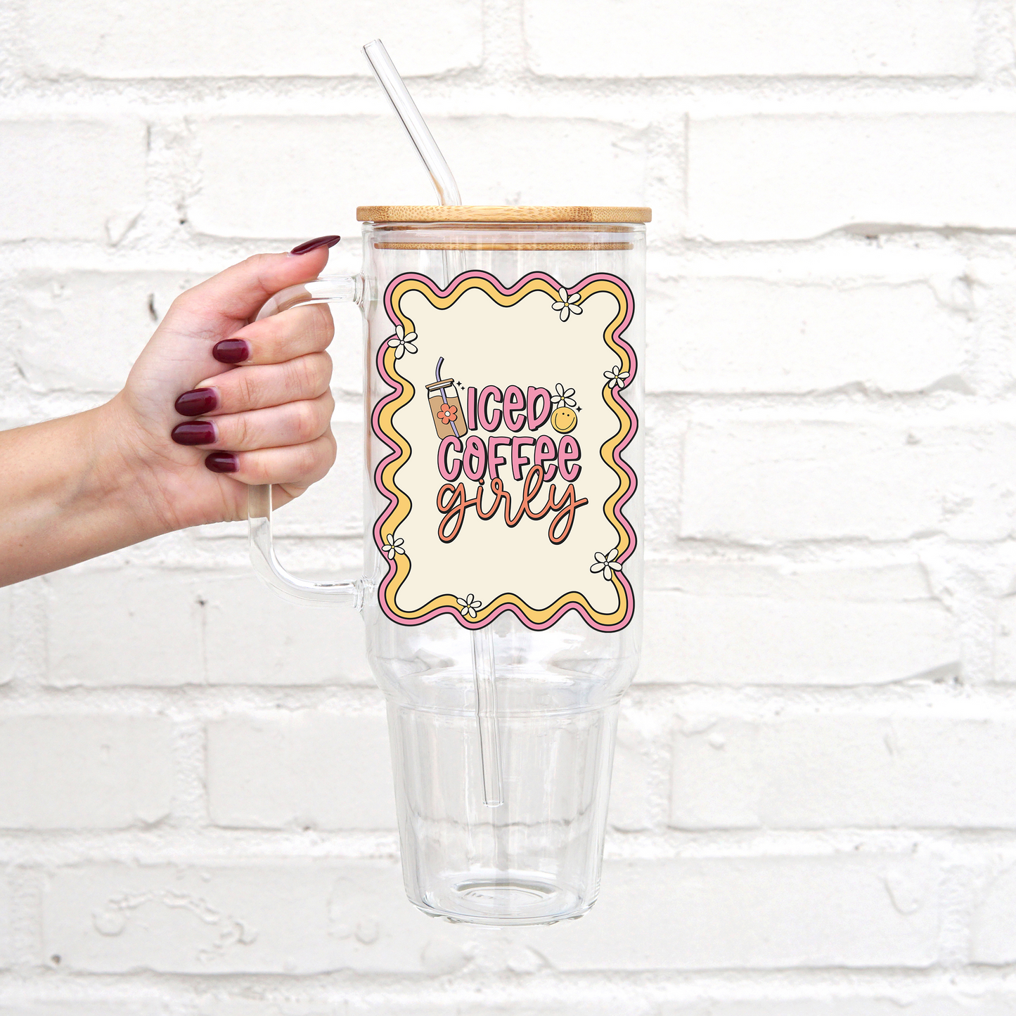 Iced Coffee Girly 40oz Glass Tumbler With Lid and Straw
