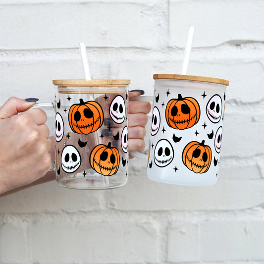 Jack Skellington Inspired Pumpkins 17oz Glass Tumbler With Lid and Straw