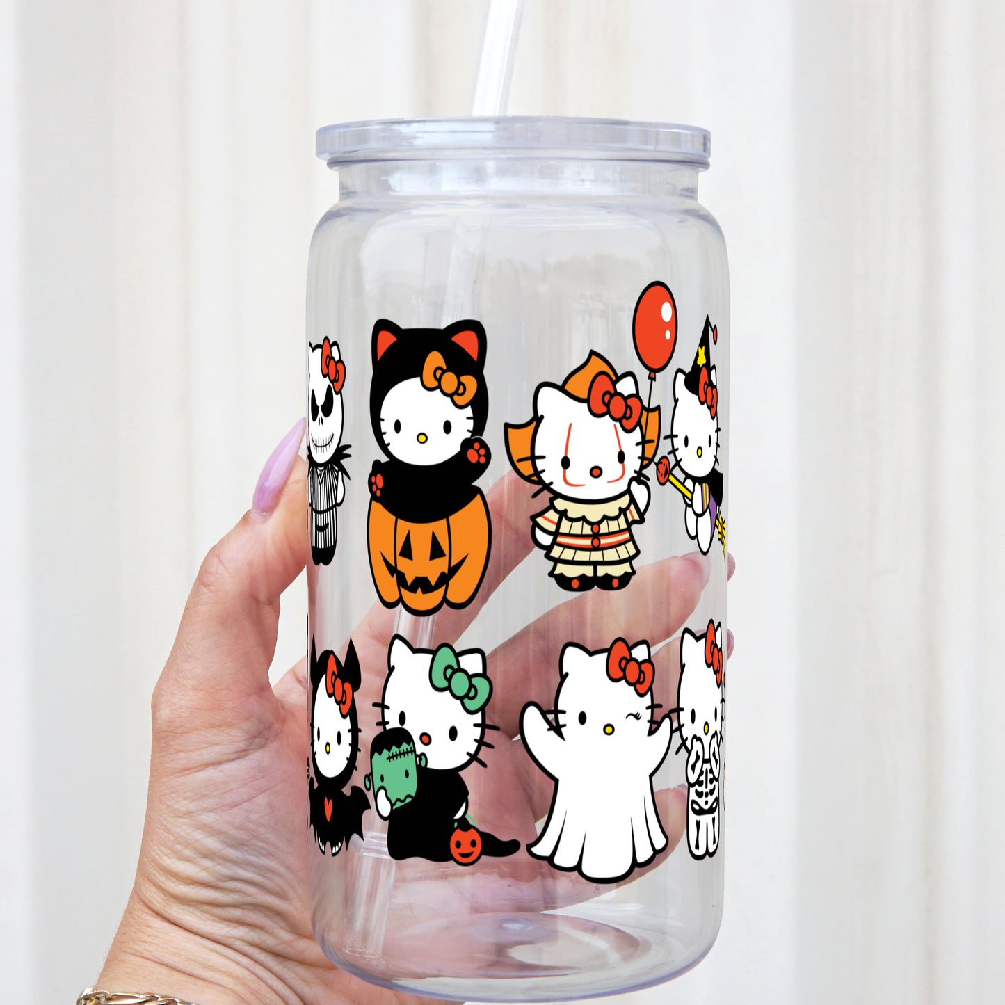 16oz Spooky Halloween Kitty Acrylic Plastic Cup with Clear Lid