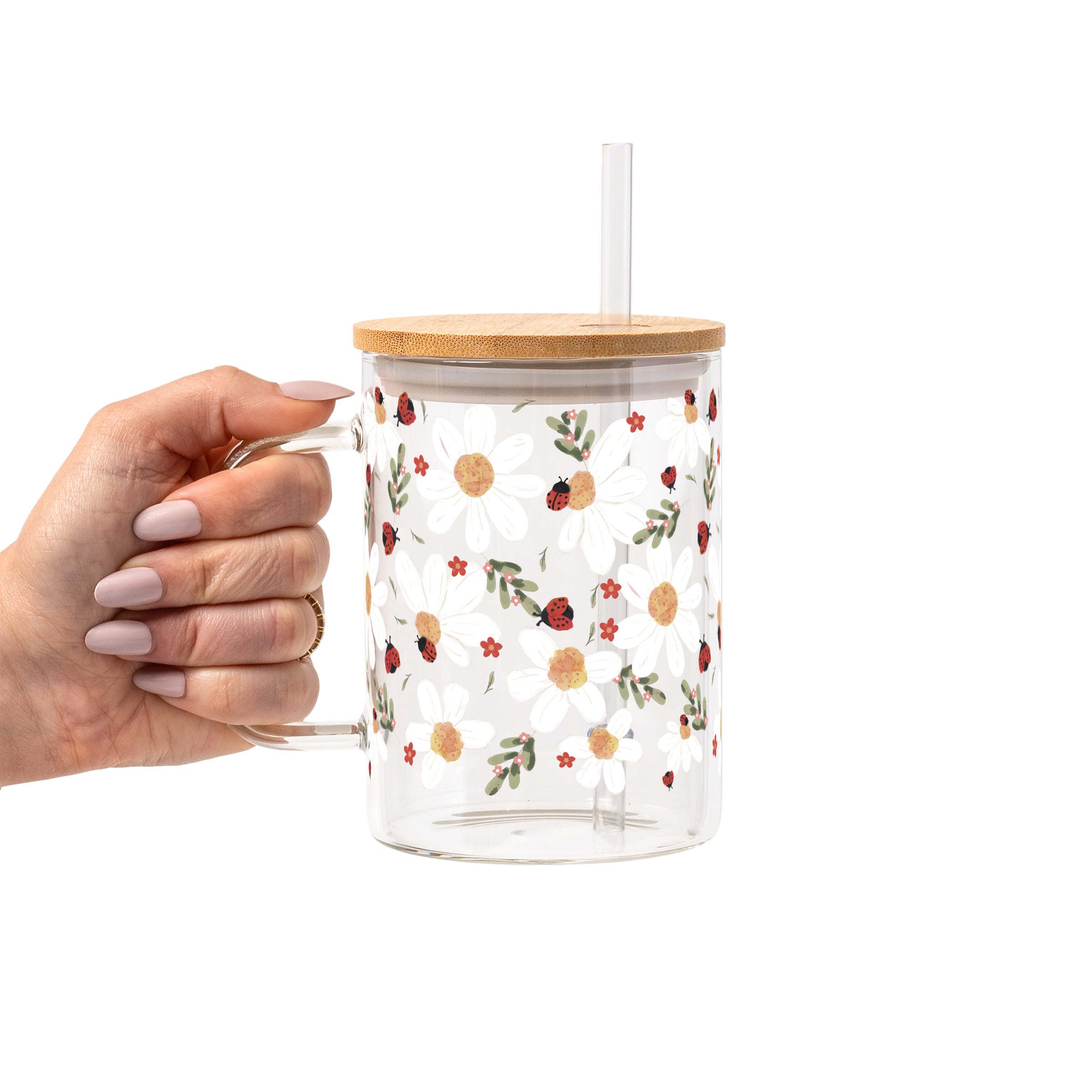 Daisy Ladybug Floral Glass Cup, Mug & Tumbler with Lid and Straw