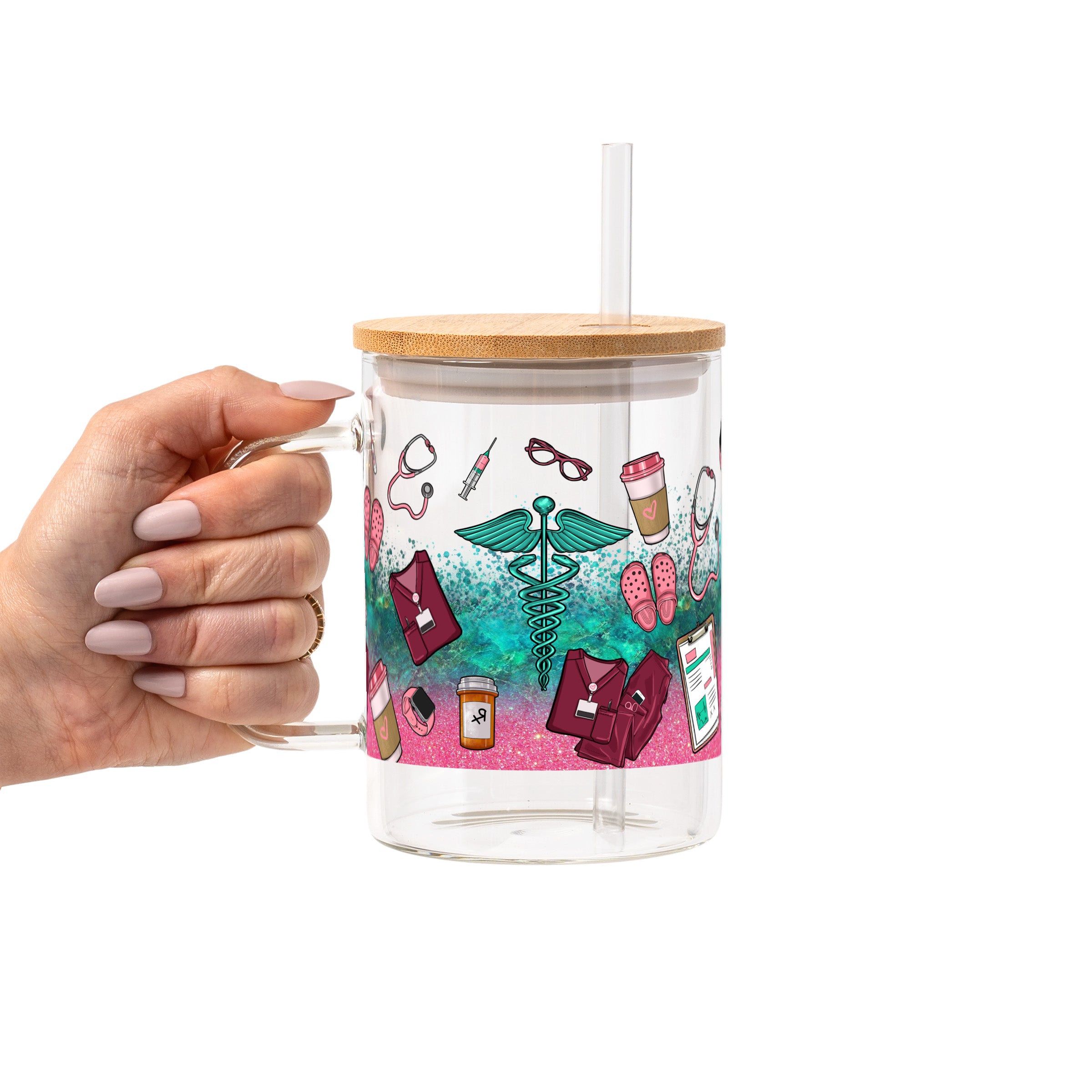 Sips & Scrubs Medical Glass Cup, Mug & Tumbler with Lid and Straw
