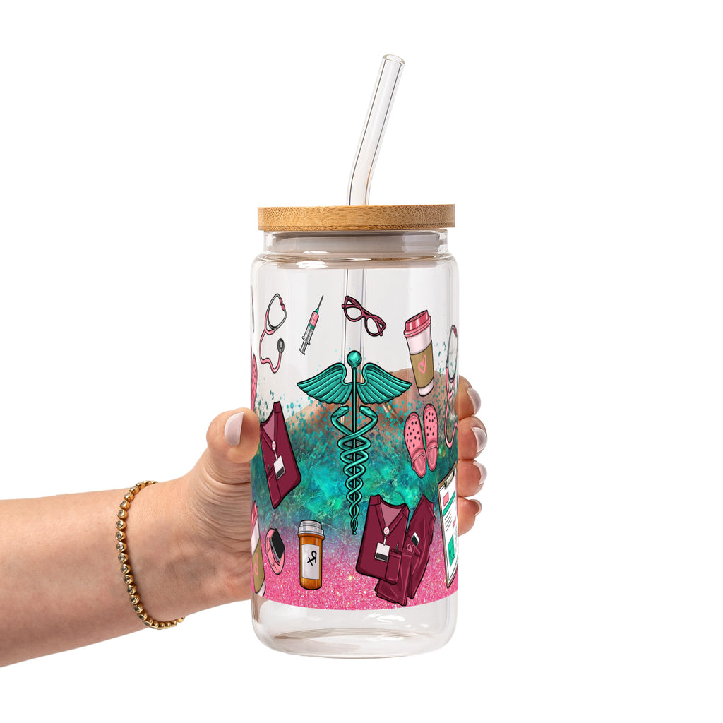 Sips & Scrubs Medical Glass Cup, Mug & Tumbler with Lid and Straw