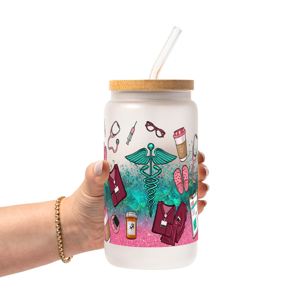 Sips & Scrubs Medical Glass Cup, Mug & Tumbler with Lid and Straw