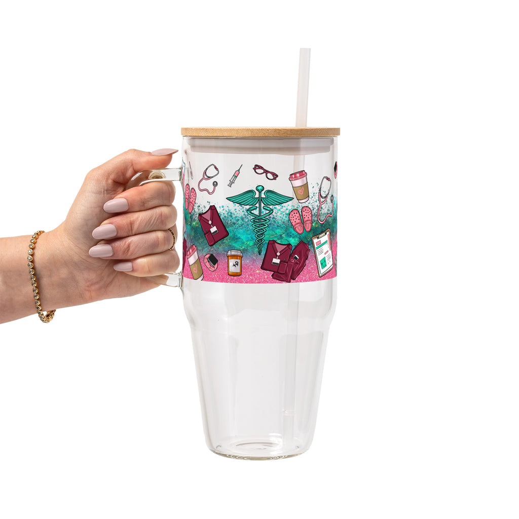 Sips & Scrubs Medical Glass Cup, Mug & Tumbler with Lid and Straw