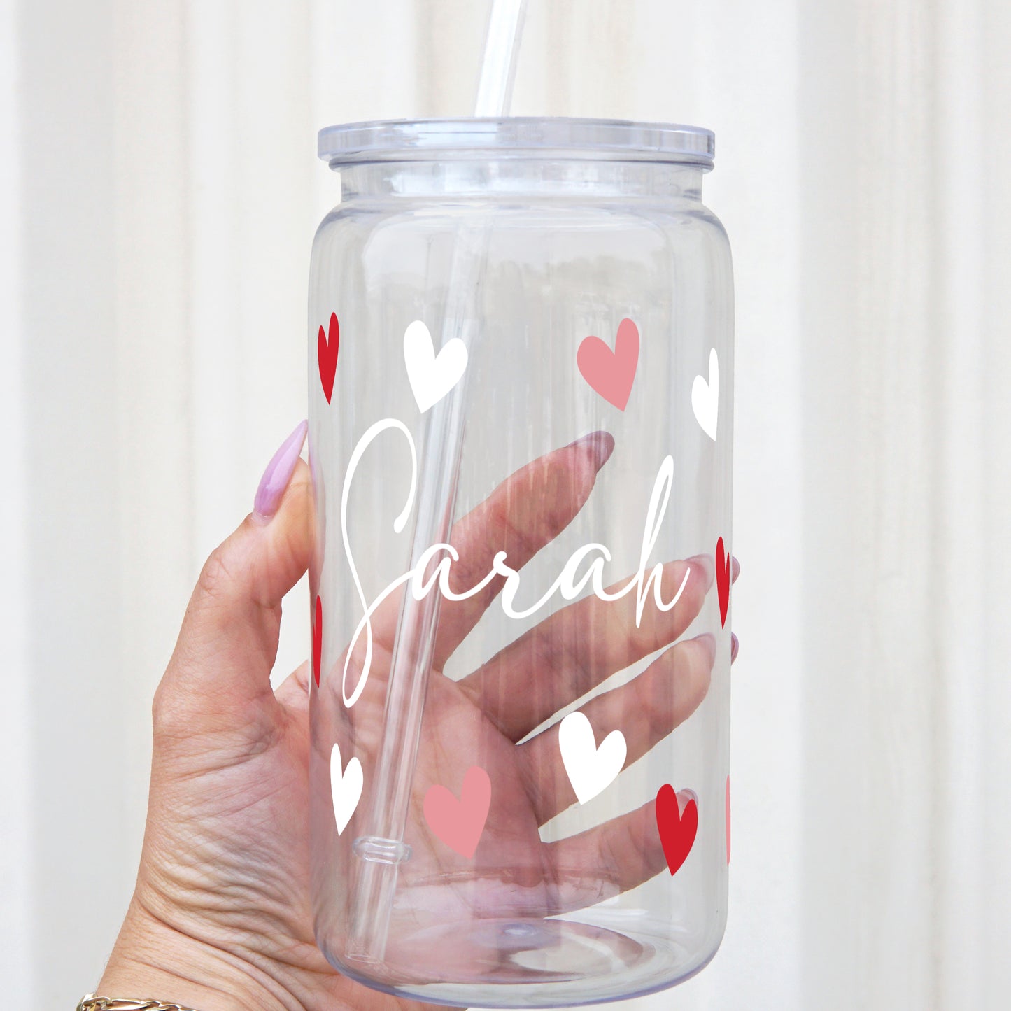 Personalized Hearts 16oz Acrylic Plastic Cup with Clear Lid