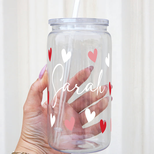 Personalized Hearts 16oz Acrylic Plastic Cup with Clear Lid