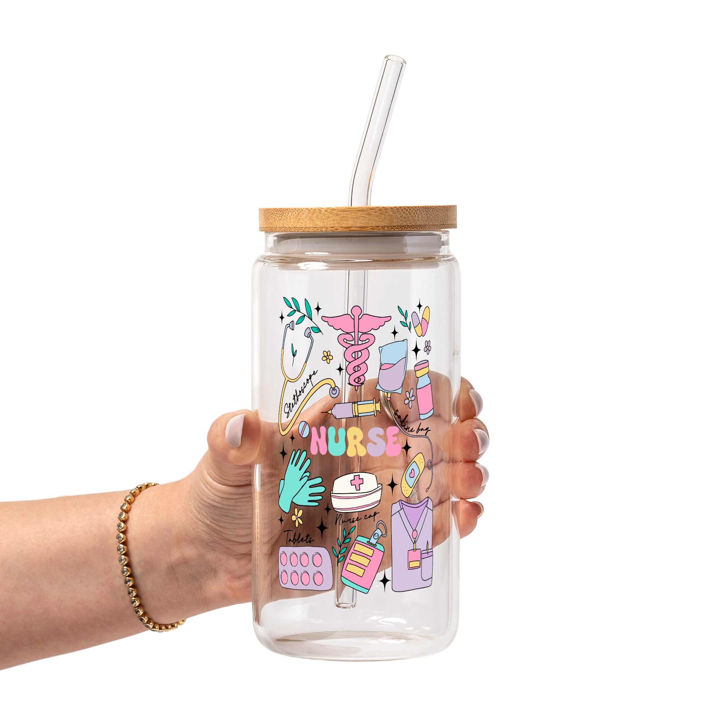 Sips And Scrubs Medical Glass Cup, Mug & Tumbler with Lid and Straw