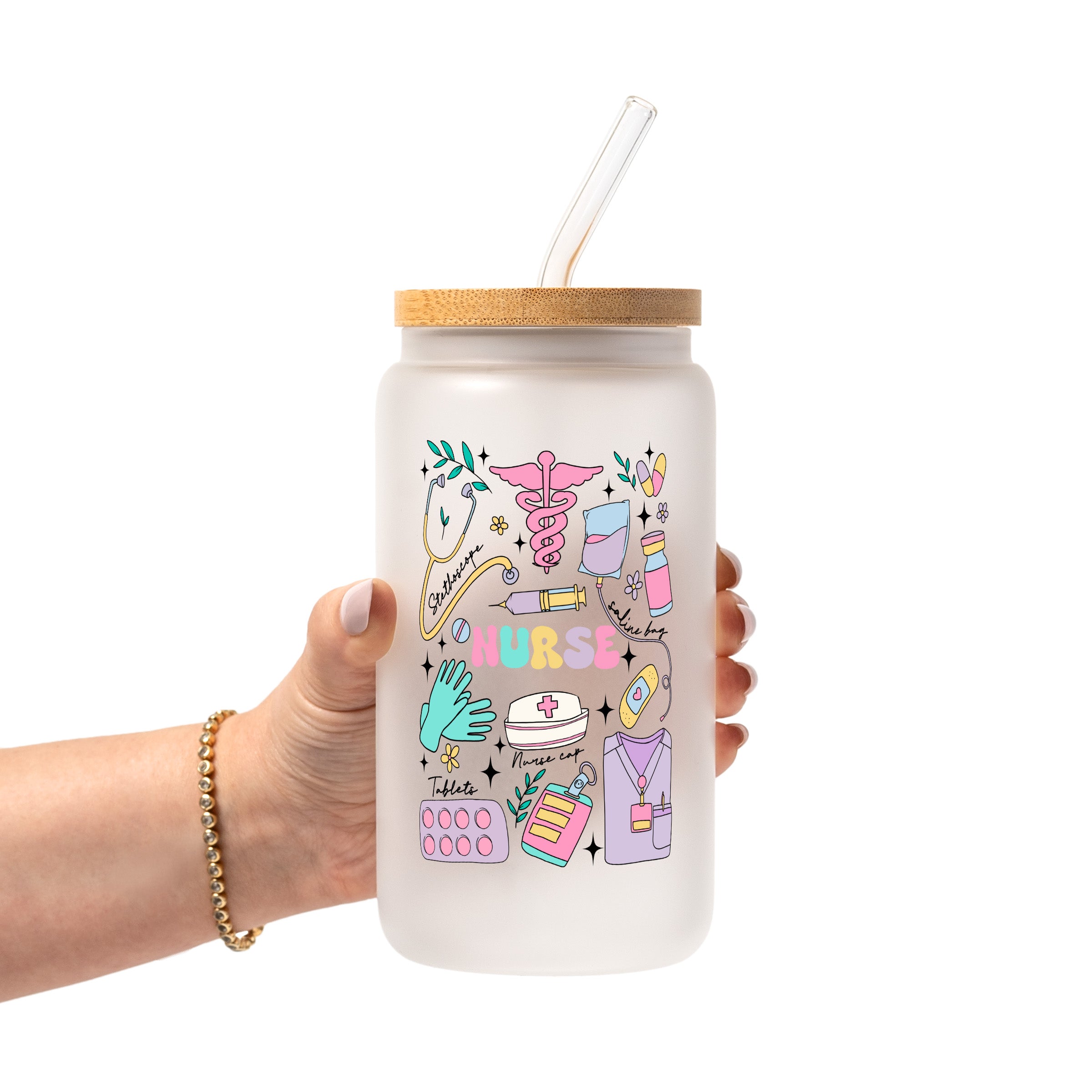 Sips And Scrubs Medical Glass Cup, Mug & Tumbler with Lid and Straw