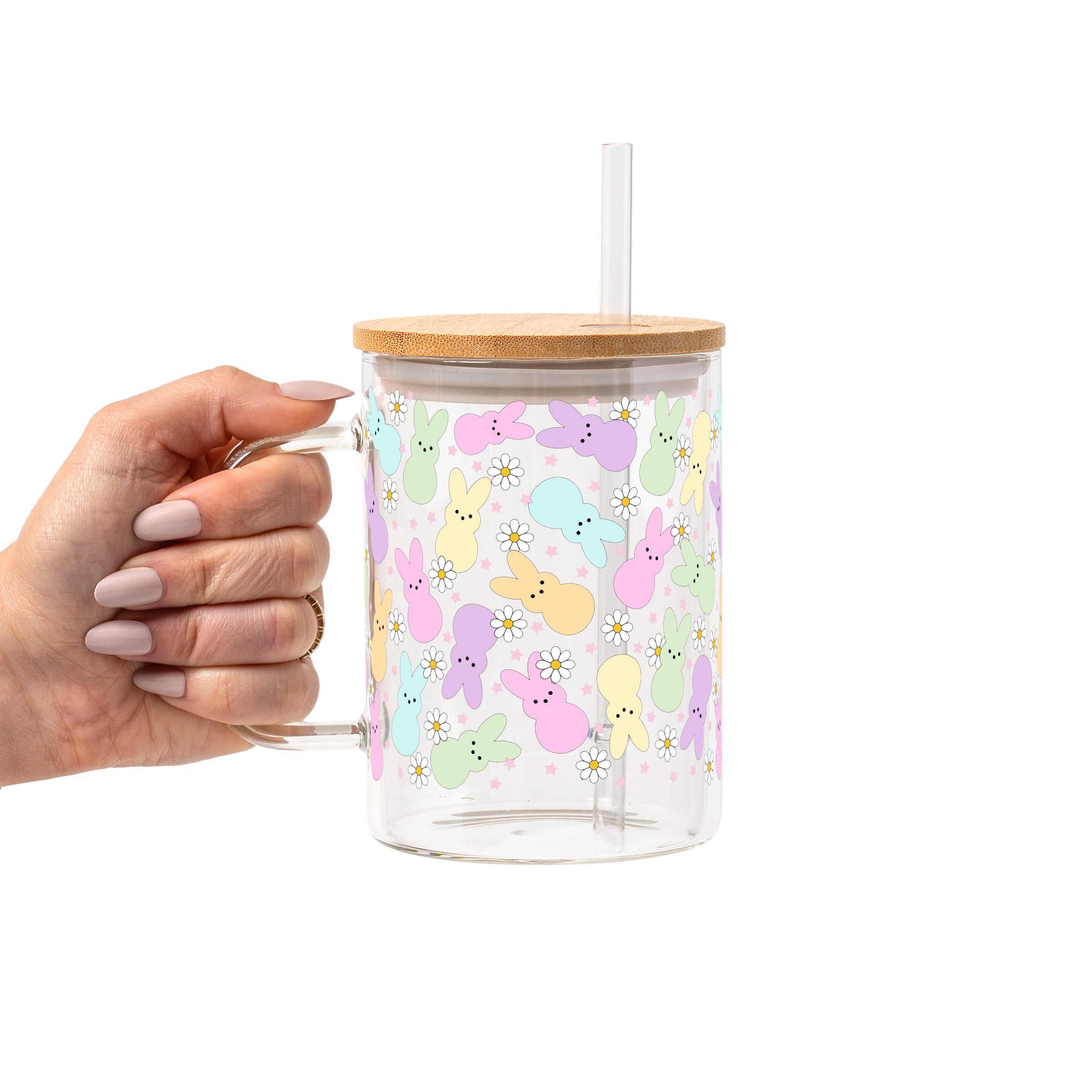 Pastel Easter Bunny Glass Cup, Mug & Tumbler with Lid and Straw