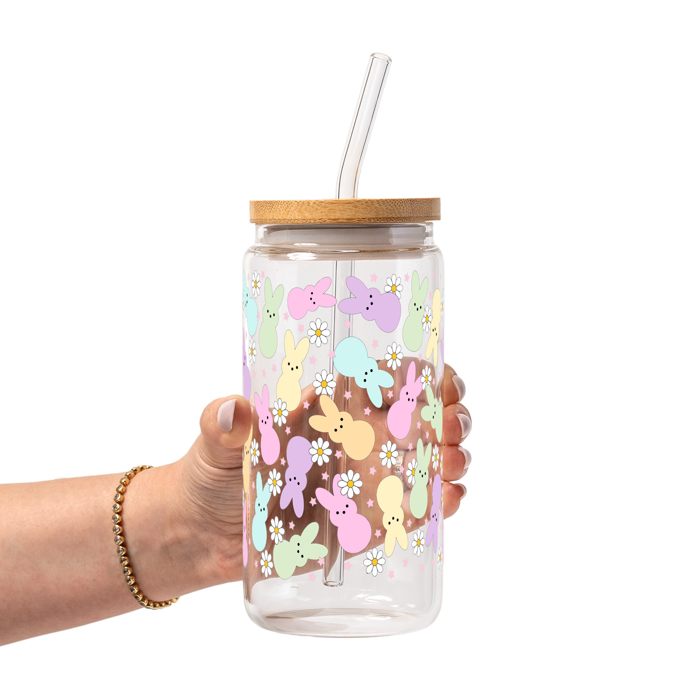 Pastel Easter Bunny Glass Cup, Mug & Tumbler with Lid and Straw